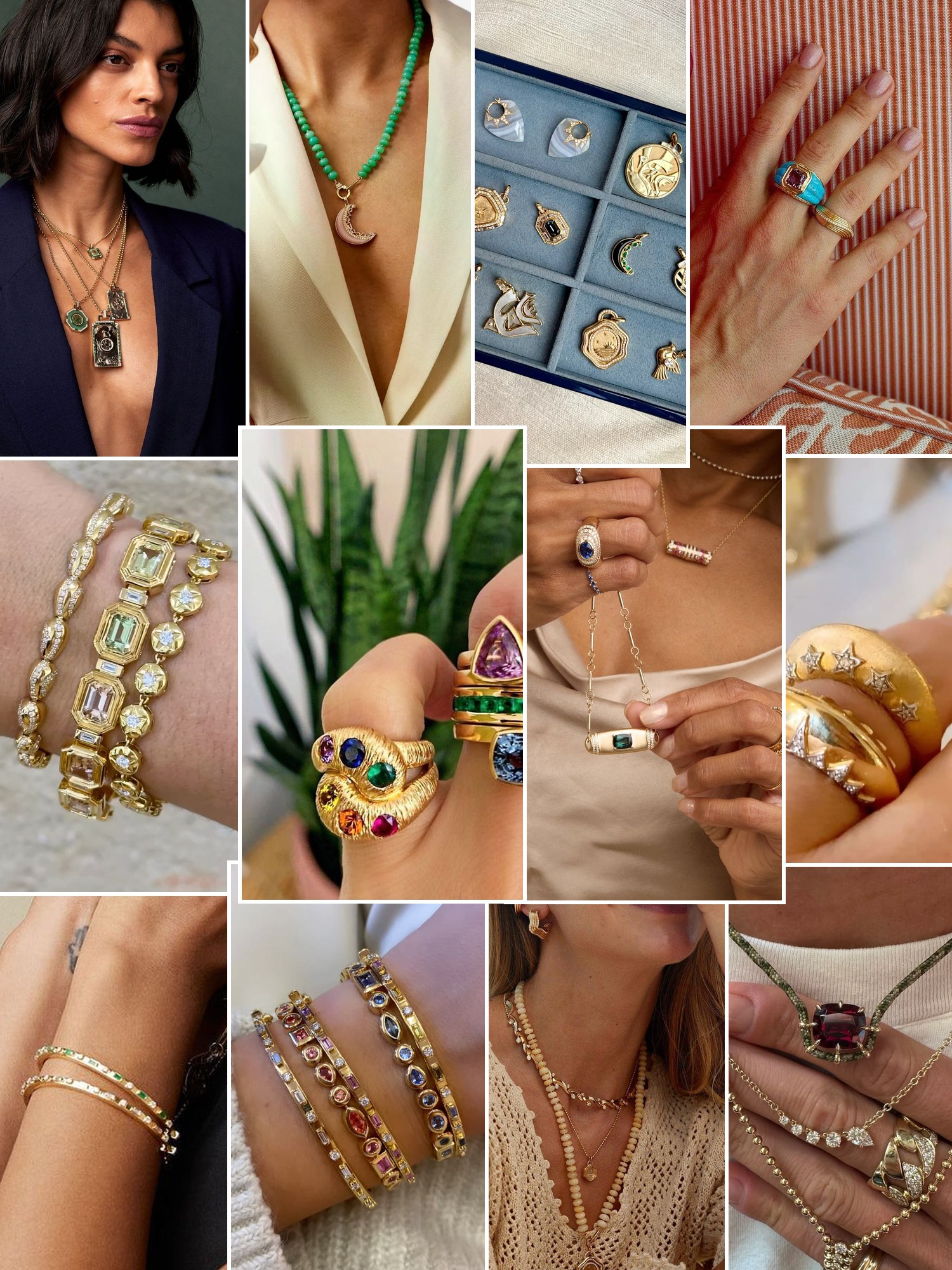 Collage of rings, earrings and layered necklaces worn up close, in the spirit of Sorellina