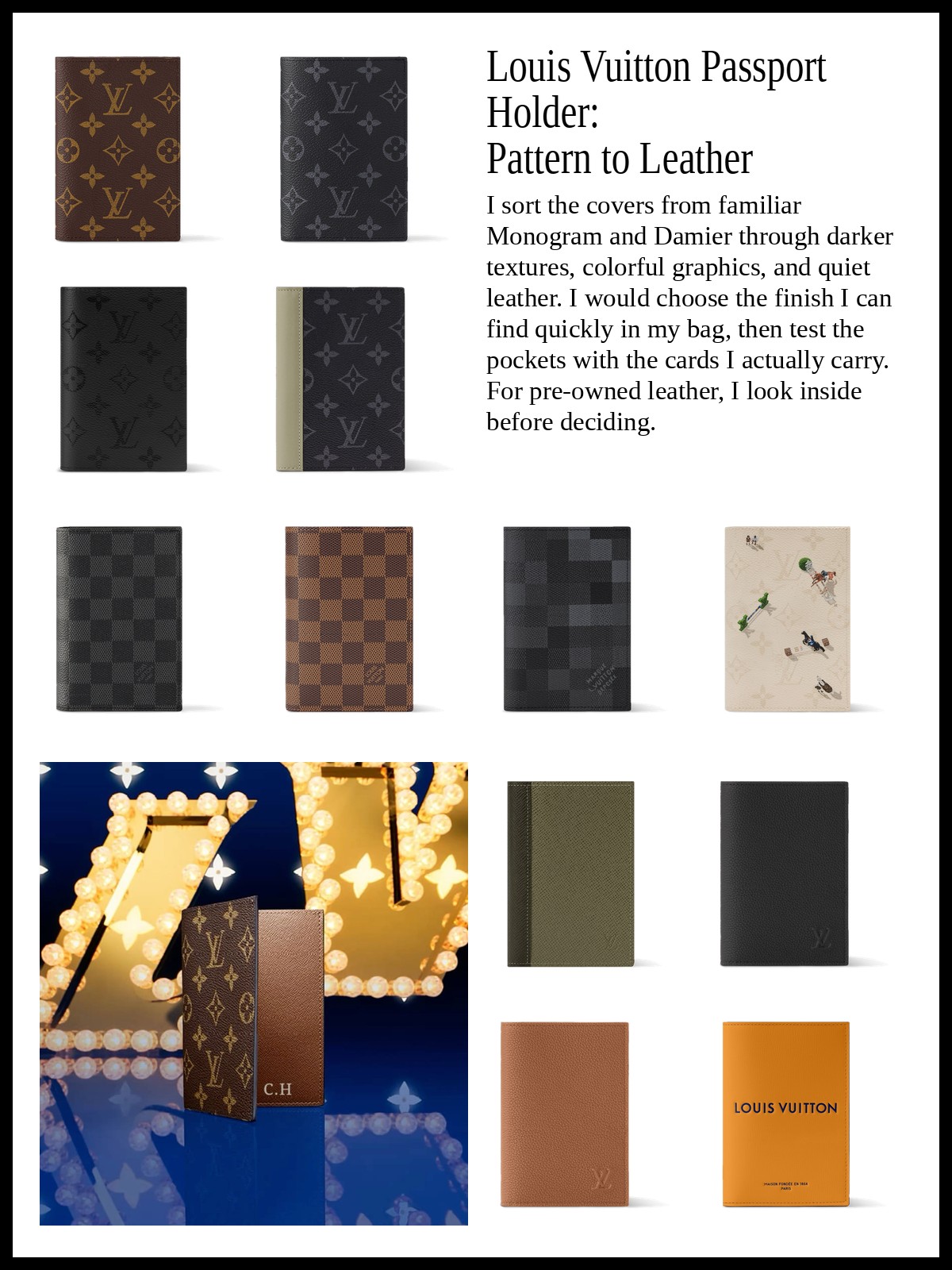 Collage of Monogram passport covers, Damier and patterned passport covers, and leather travel passport holders, plus a mood photo of a monogram passport cover among travel objects