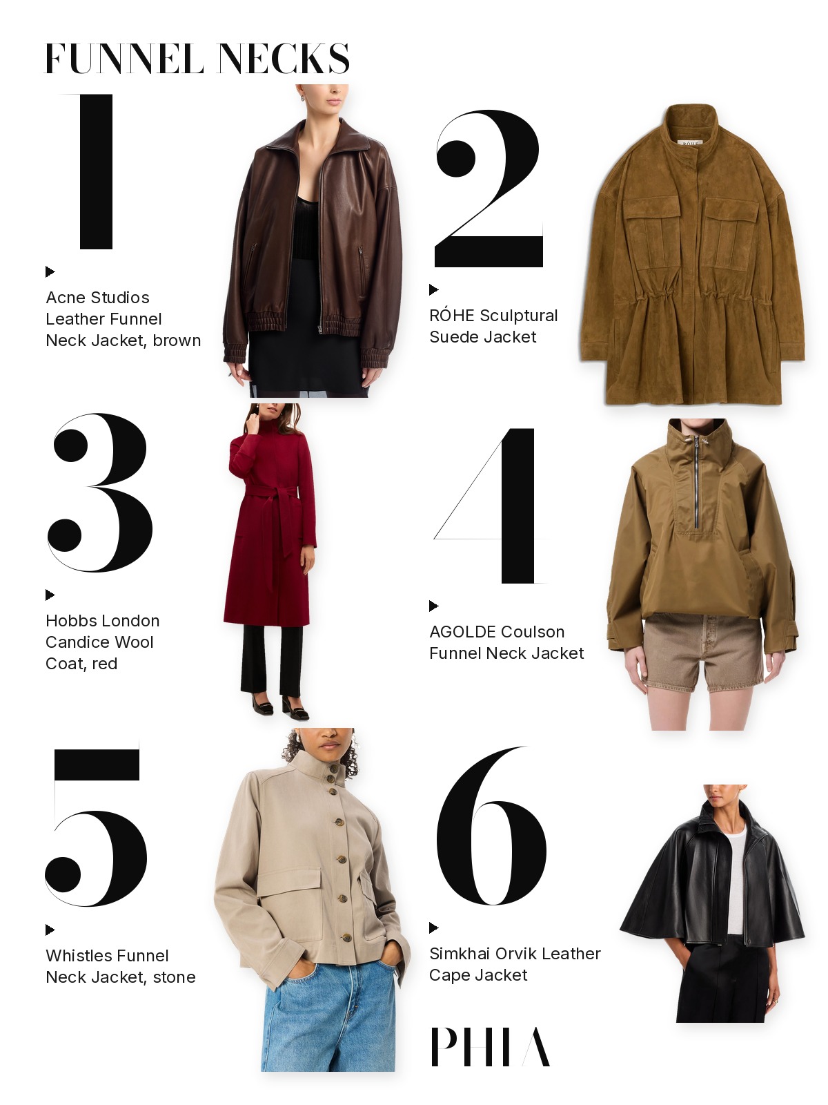 Six funnel neck jackets numbered one to six
