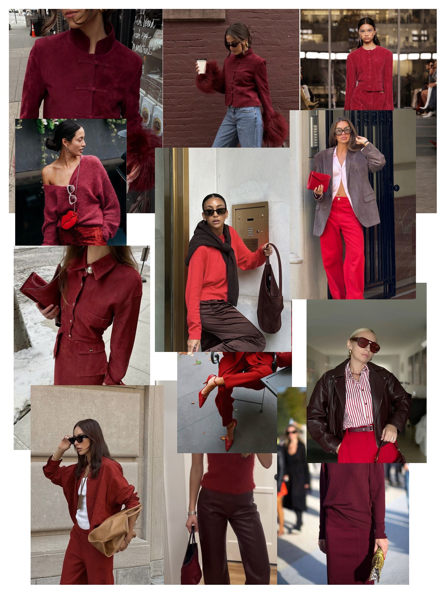 Collage of twelve street-style photos of women wearing red and burgundy outfits, scattered and overlapping on white