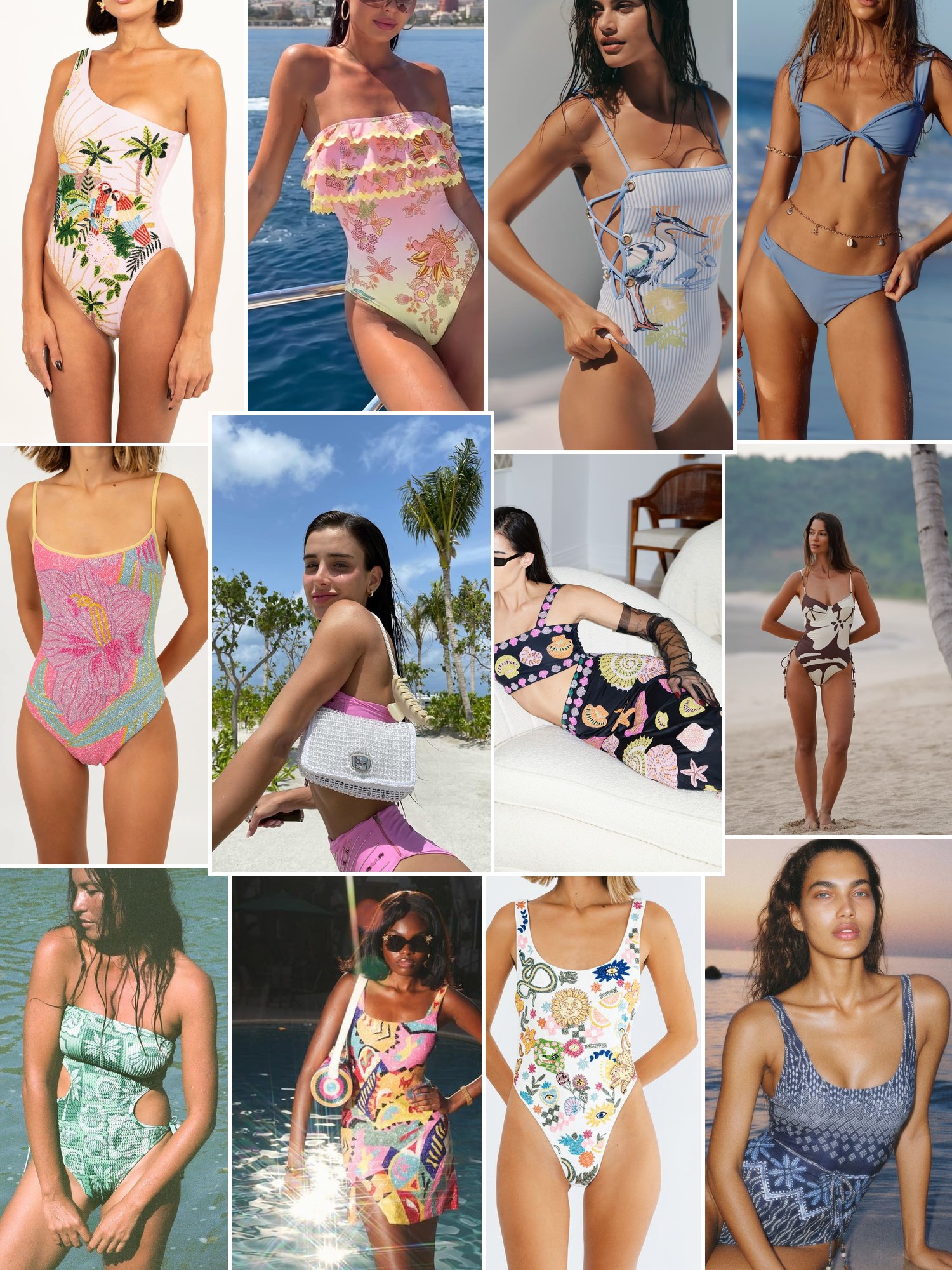 Collage of swimwear on sunlit beaches and by the water, in the spirit of Oceanus