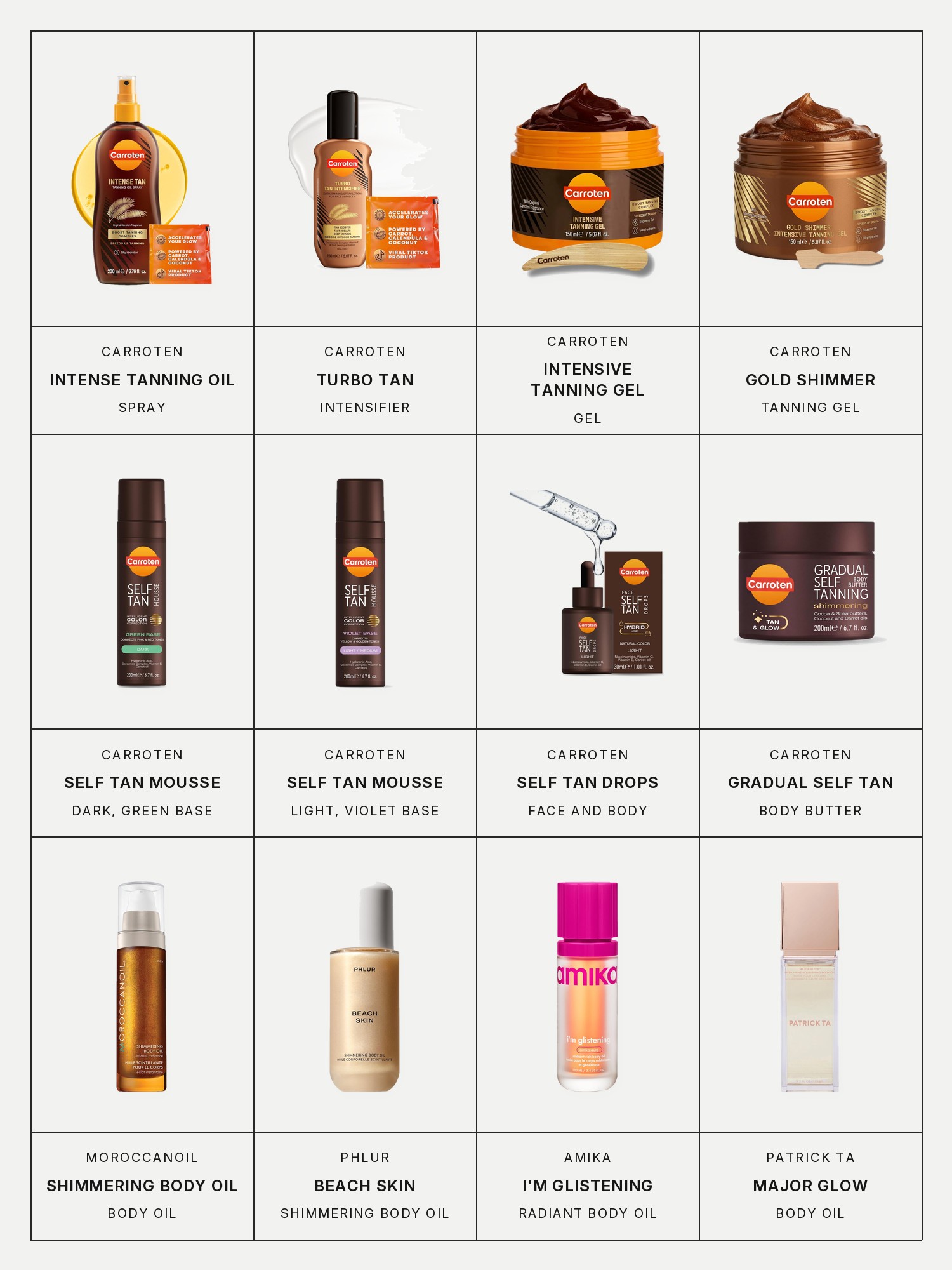 Twelve boxes on a pale gray page, one for each product in this edit, each with its brand and name printed below: Carroten Intense Tanning Oil Spray, Carroten Turbo Tan Intensifier, Carroten Intensive Tanning Gel, Carroten Gold Shimmer Tanning Gel, Carroten Self Tan Mousse Dark, Green Base, Carroten Self Tan Mousse Light/Medium, Violet Base, Carroten Face & Body Self Tan Drops Light, Carroten Gradual Self Tanning Body Butter, Moroccanoil Shimmering Body Oil, Phlur Beach Skin Shimmering Body Oil, amika I'm Glistening Radiant Rich Body Oil and Patrick Ta Major Glow High Shine Nourishing Body Oil.