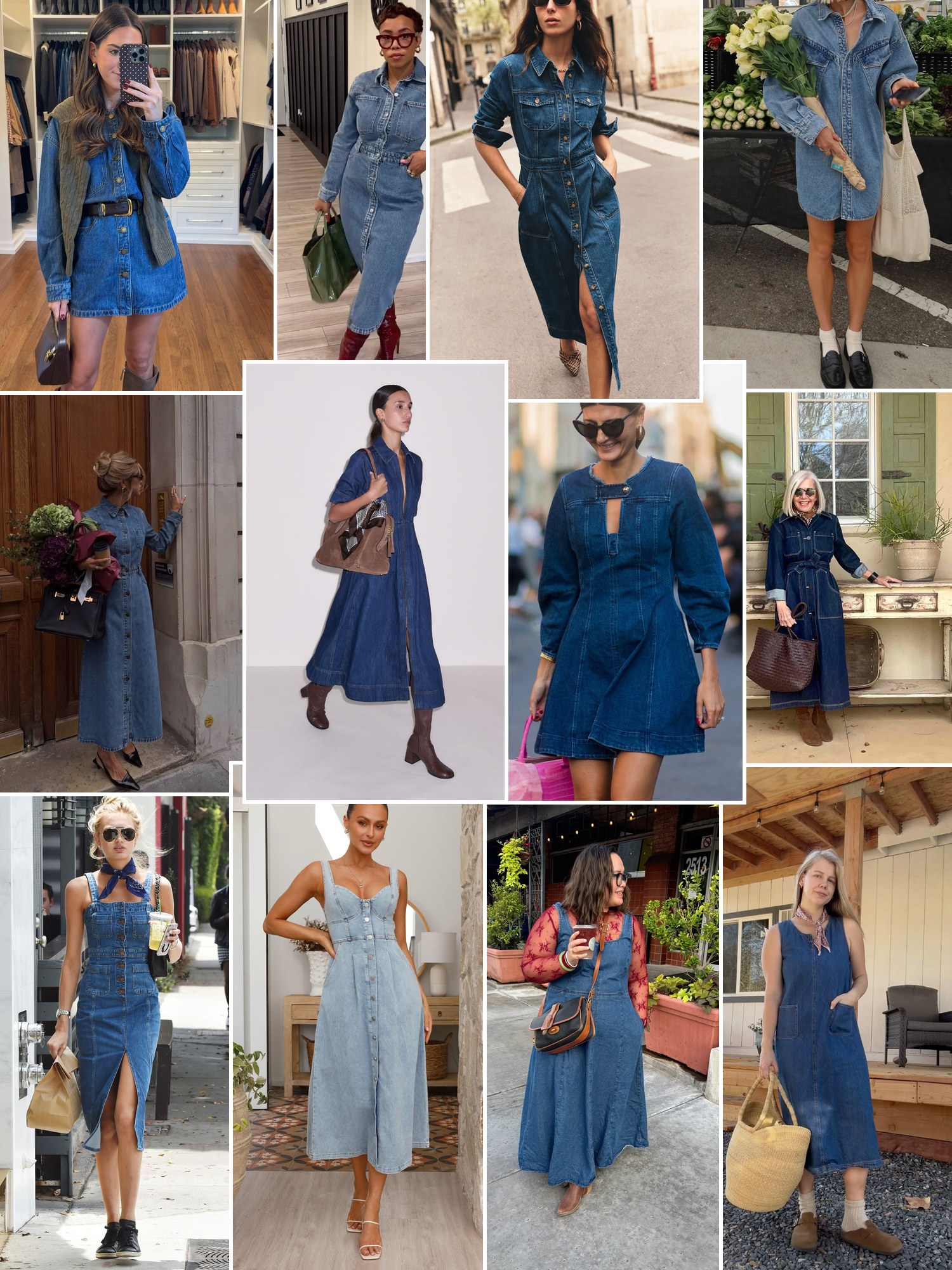 Collage of double denim and chambray outfits