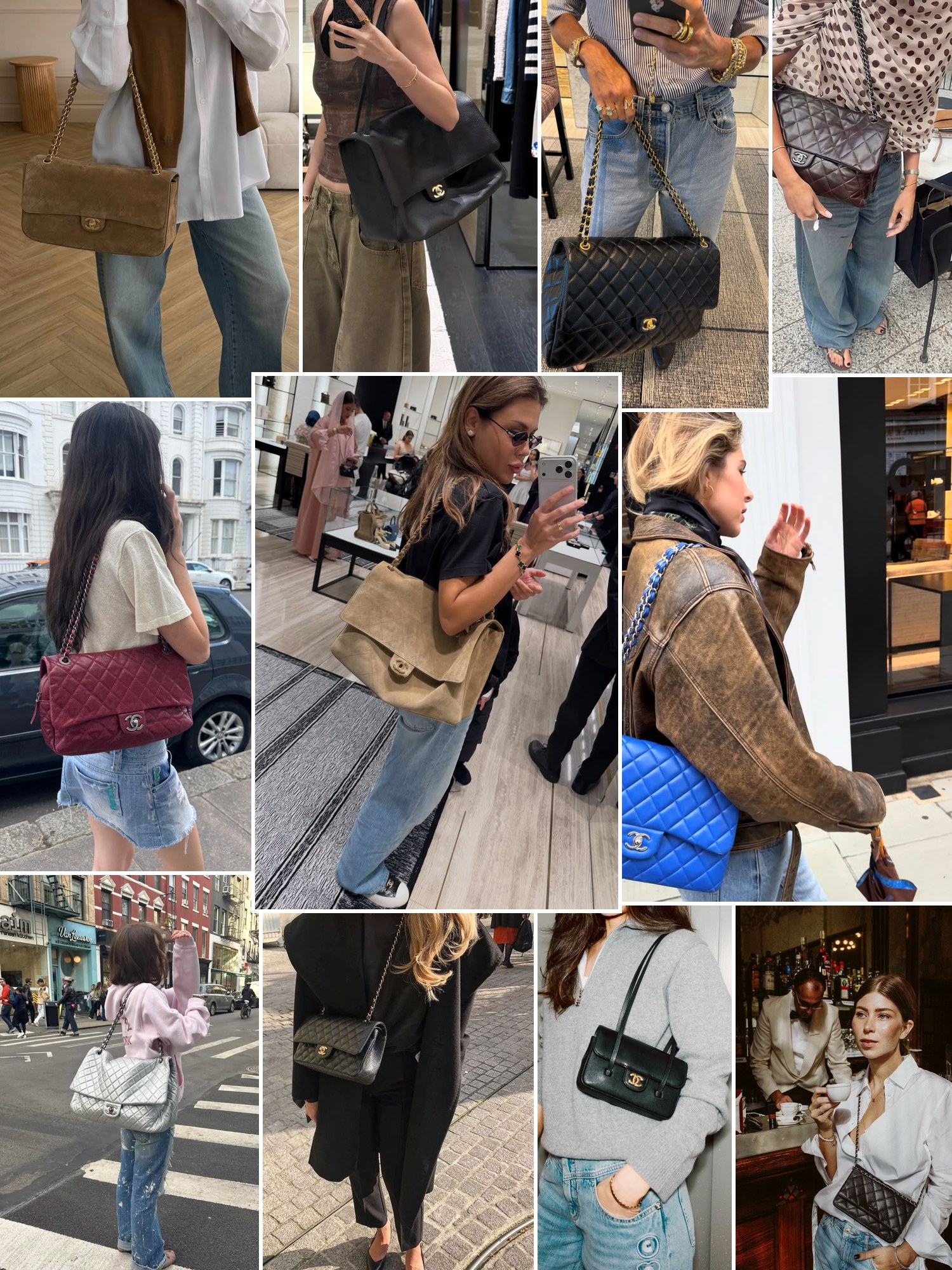 Collage of everyday looks built around black, beige and red Chanel classic flap bags