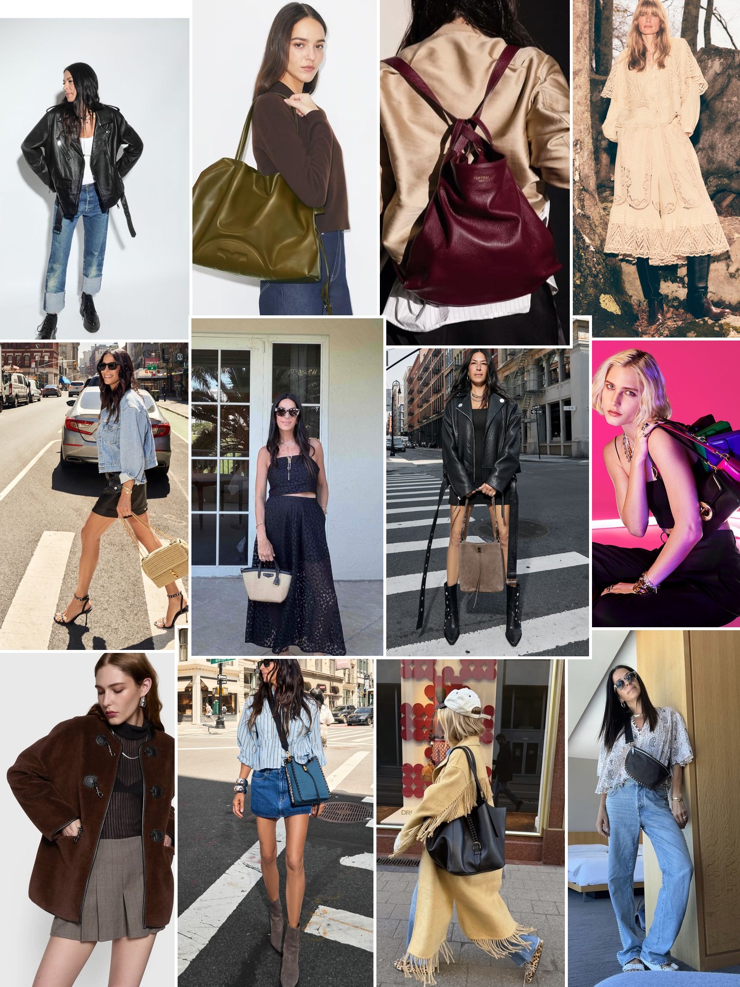 Collage of runway looks, campaign shots and street style outfits that capture the Rebecca Minkoff mood