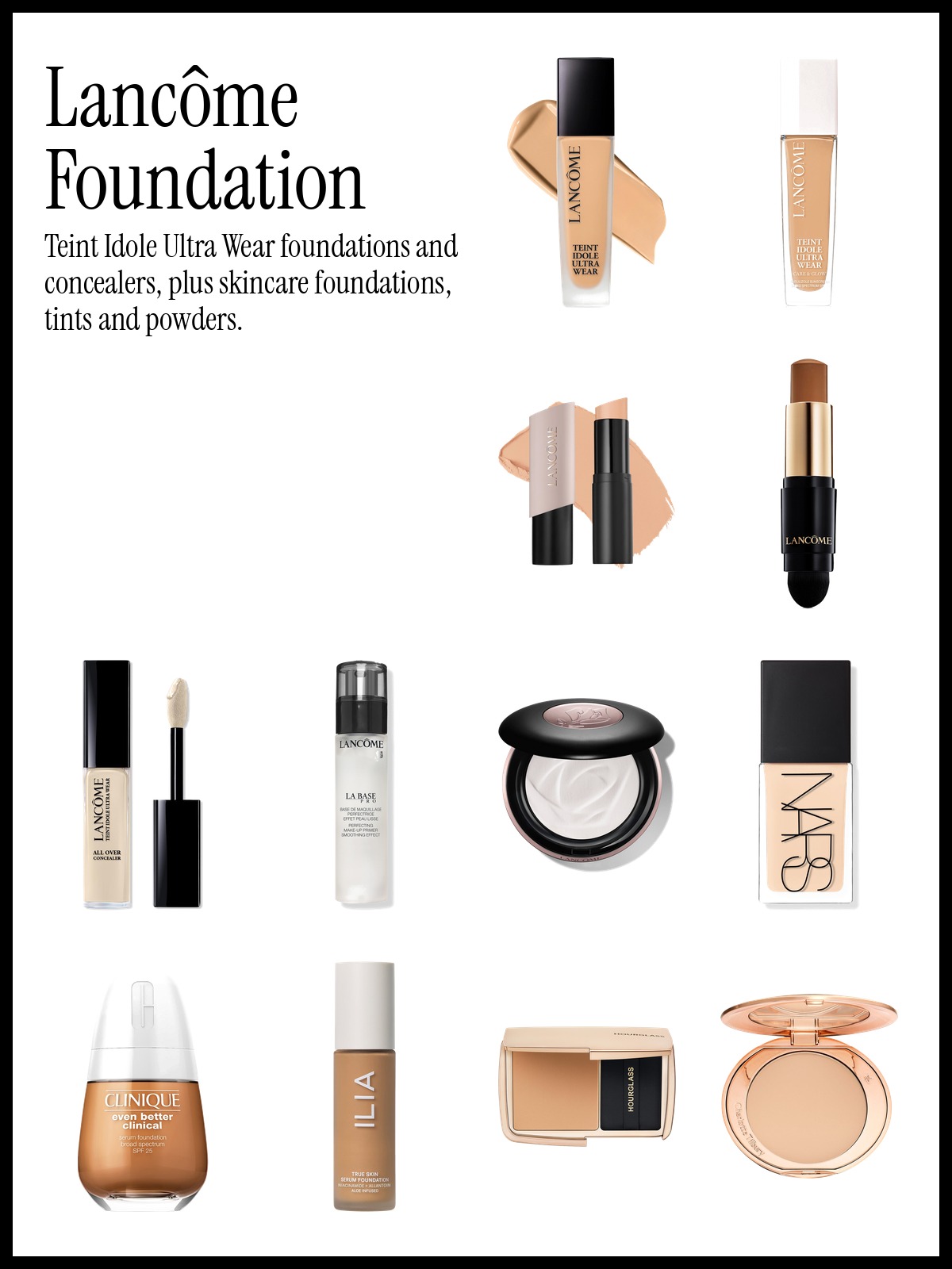 Collage of Lancôme Teint Idole Ultra Wear Natural Matte Foundation, Lancôme Teint Idole Ultra Wear All Over Full Coverage Concealer and NARS Light Reflecting Advanced Skincare Foundation