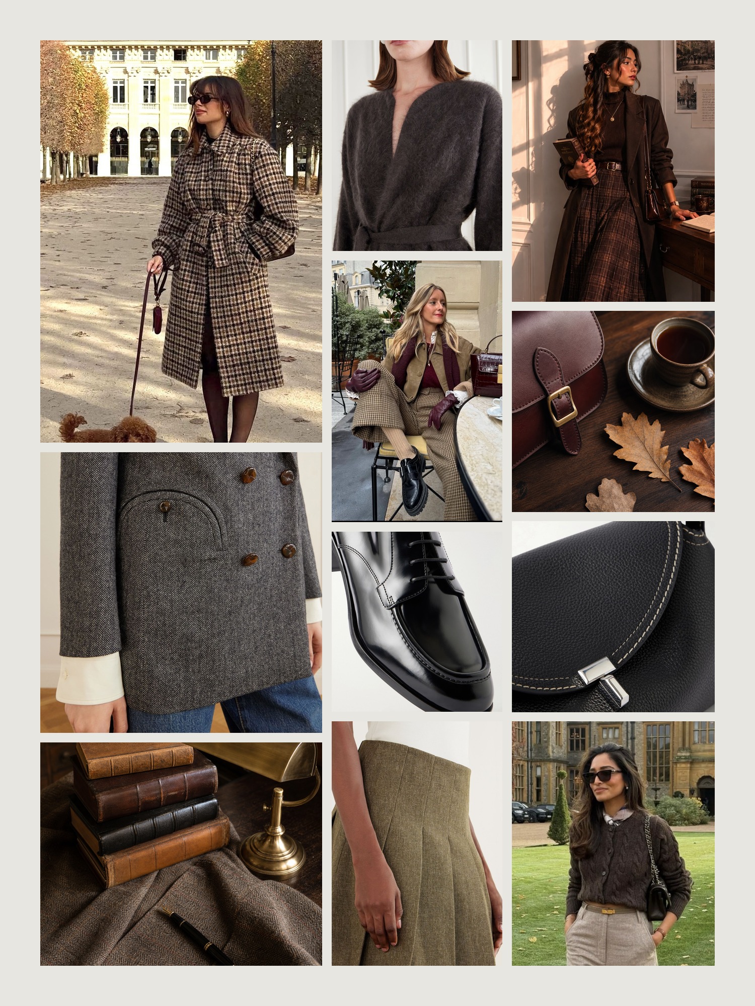 Mood board of dark academia in library tweed, oxblood and brown leather