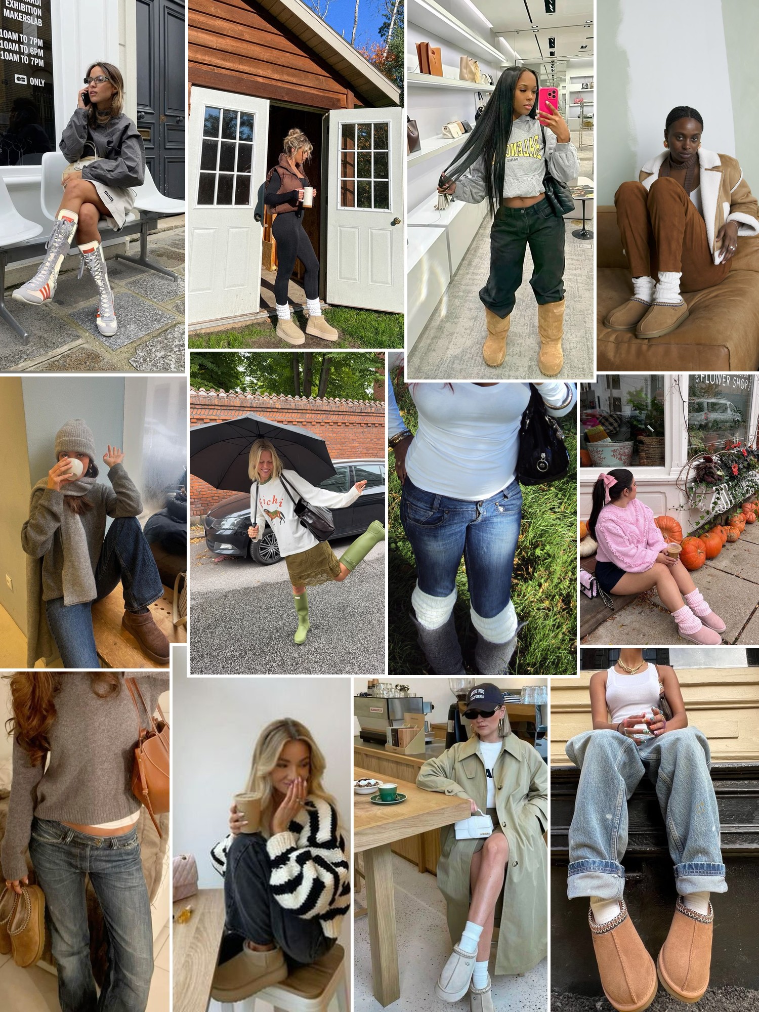 Collage of shoes styled with city, runway and evening outfits that capture the UGG mood