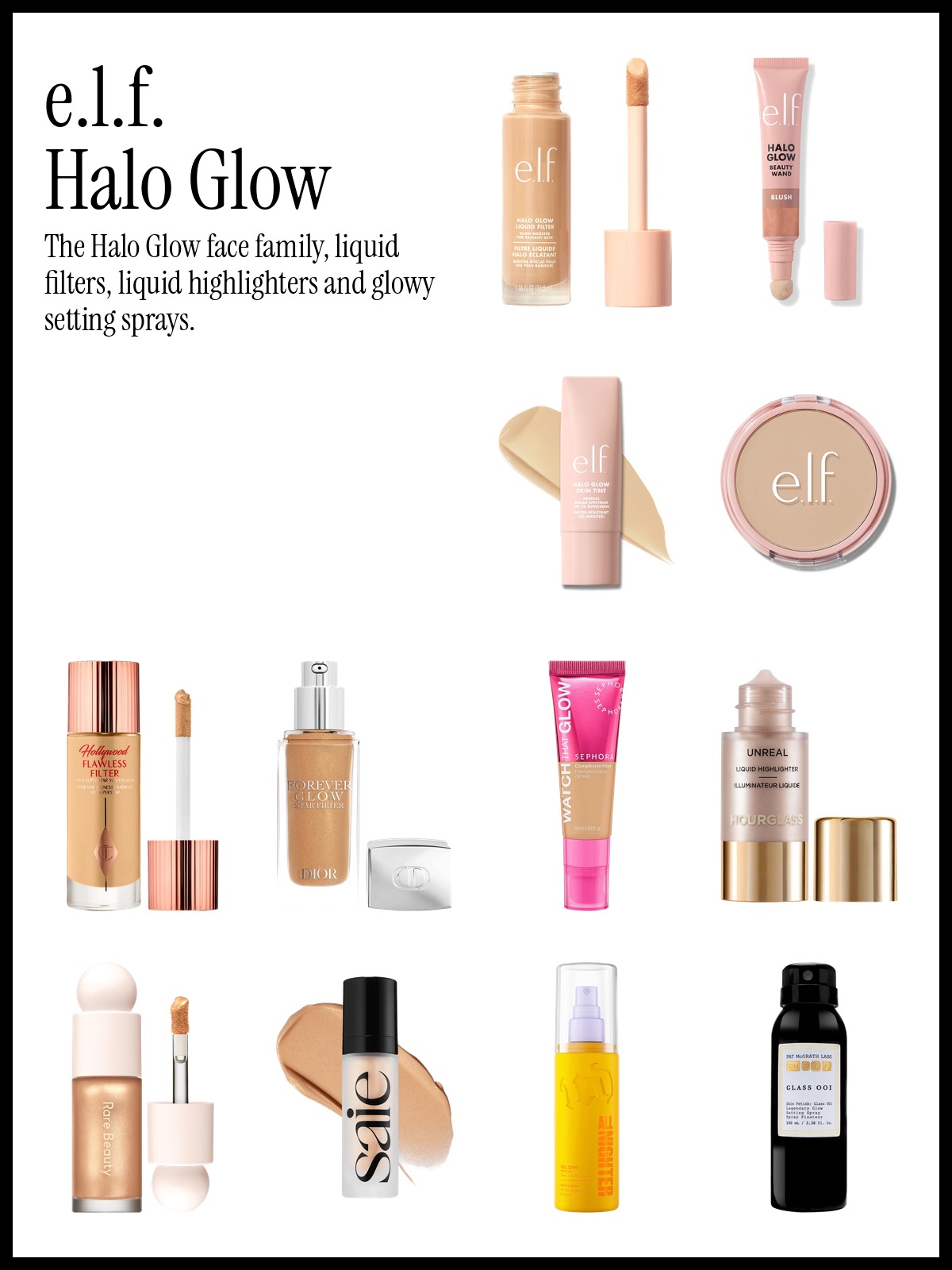 Collage of e.l.f. Halo Glow Liquid Filter Highlighter, Charlotte Tilbury Hollywood Flawless Filter and Hourglass Unreal Radiant Glow highlighter