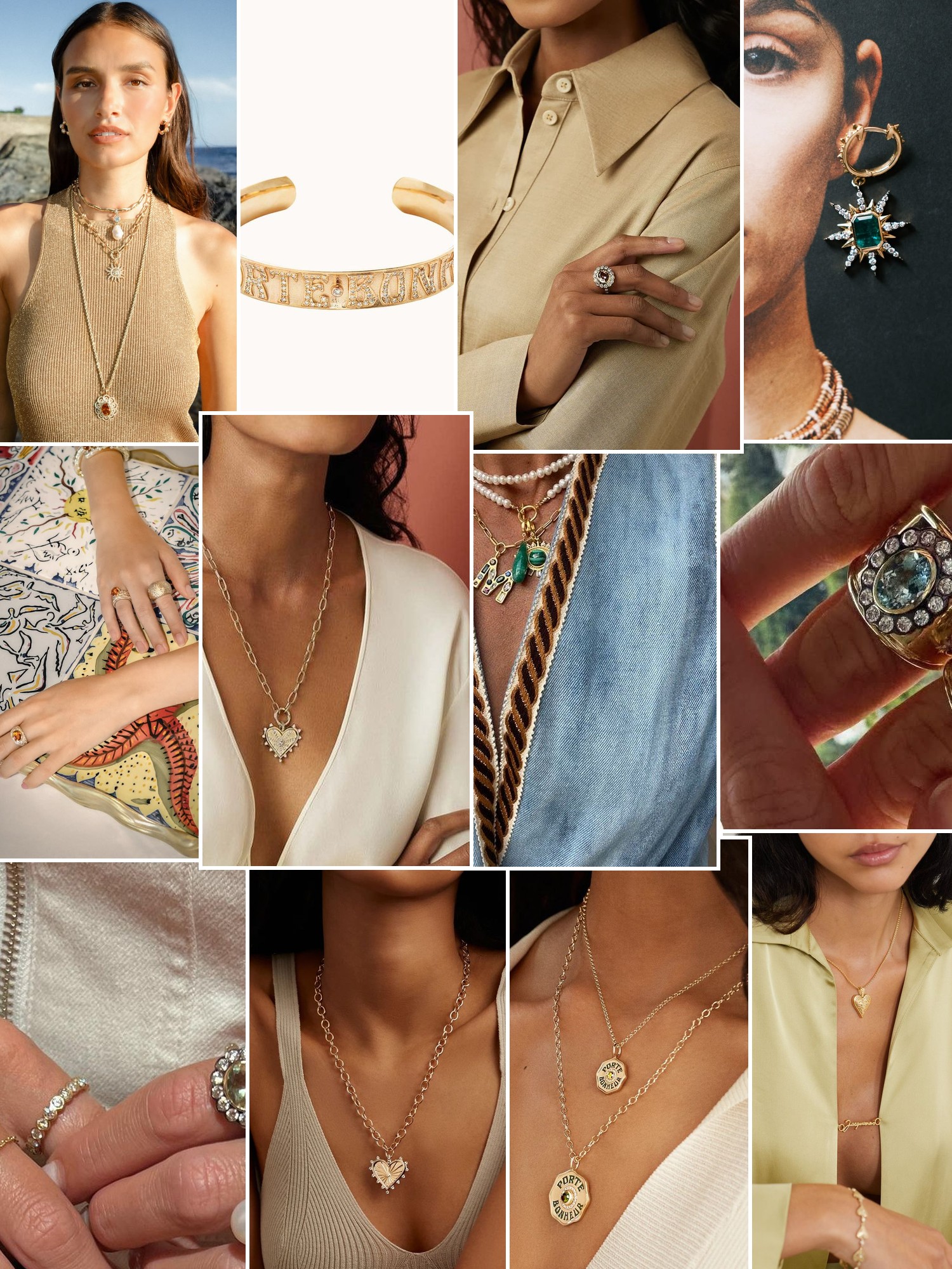 Collage of rings, earrings and layered necklaces worn up close, in the spirit of Marlo Laz