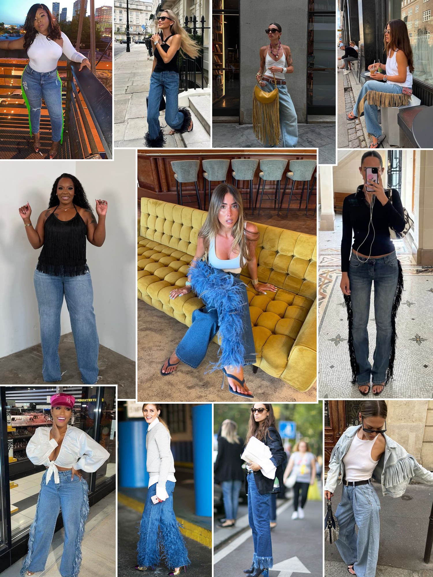 Street style collage of women wearing MOTHER fringe jeans