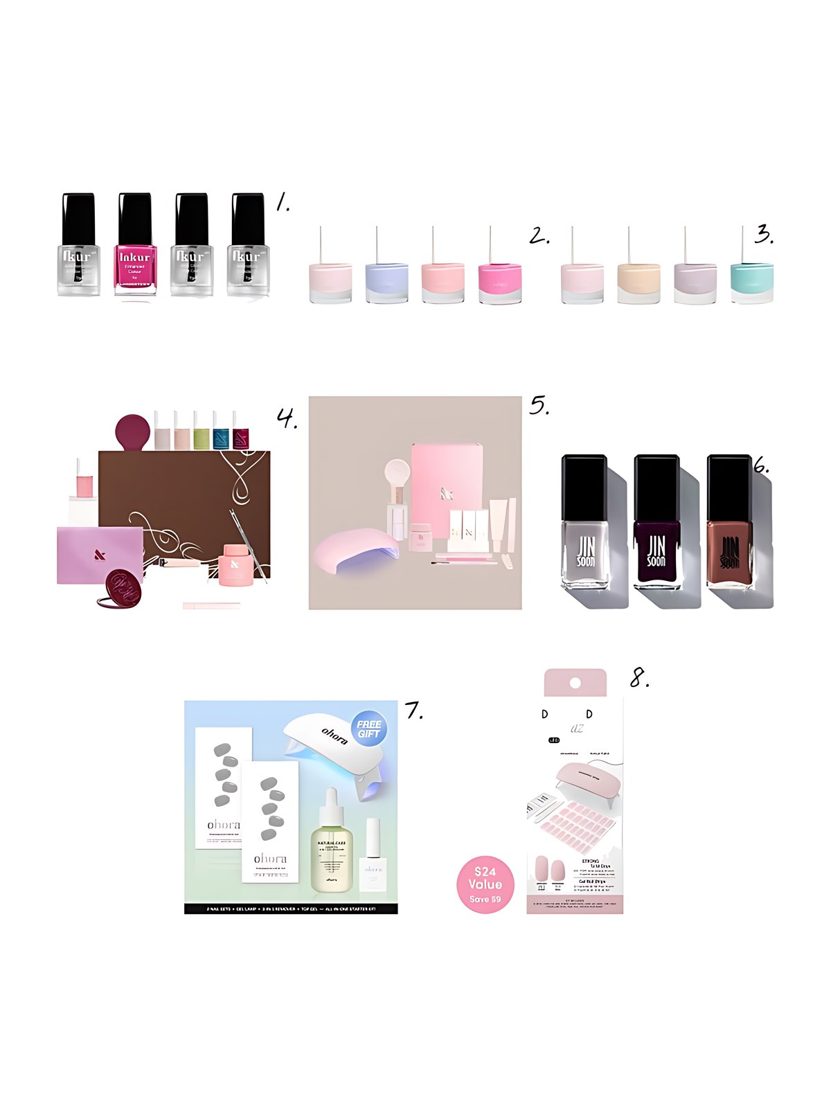 Numbered collage: 1. Londontown Mini Mani Nail Polish Set - Mother's Day ($54 value); 2. Côte Cote Beauty Color Crush Set; 3. Côte Summer Vows Nail Polish Set; 4. Olive & June Fall Mani System; 5. Olive & June Soap Nails Gel System; 6. JINsoon Serenity + Risque + Fire Clay; 7. ohora Starter Kit; 8. Dashing Diva Lovely Pink