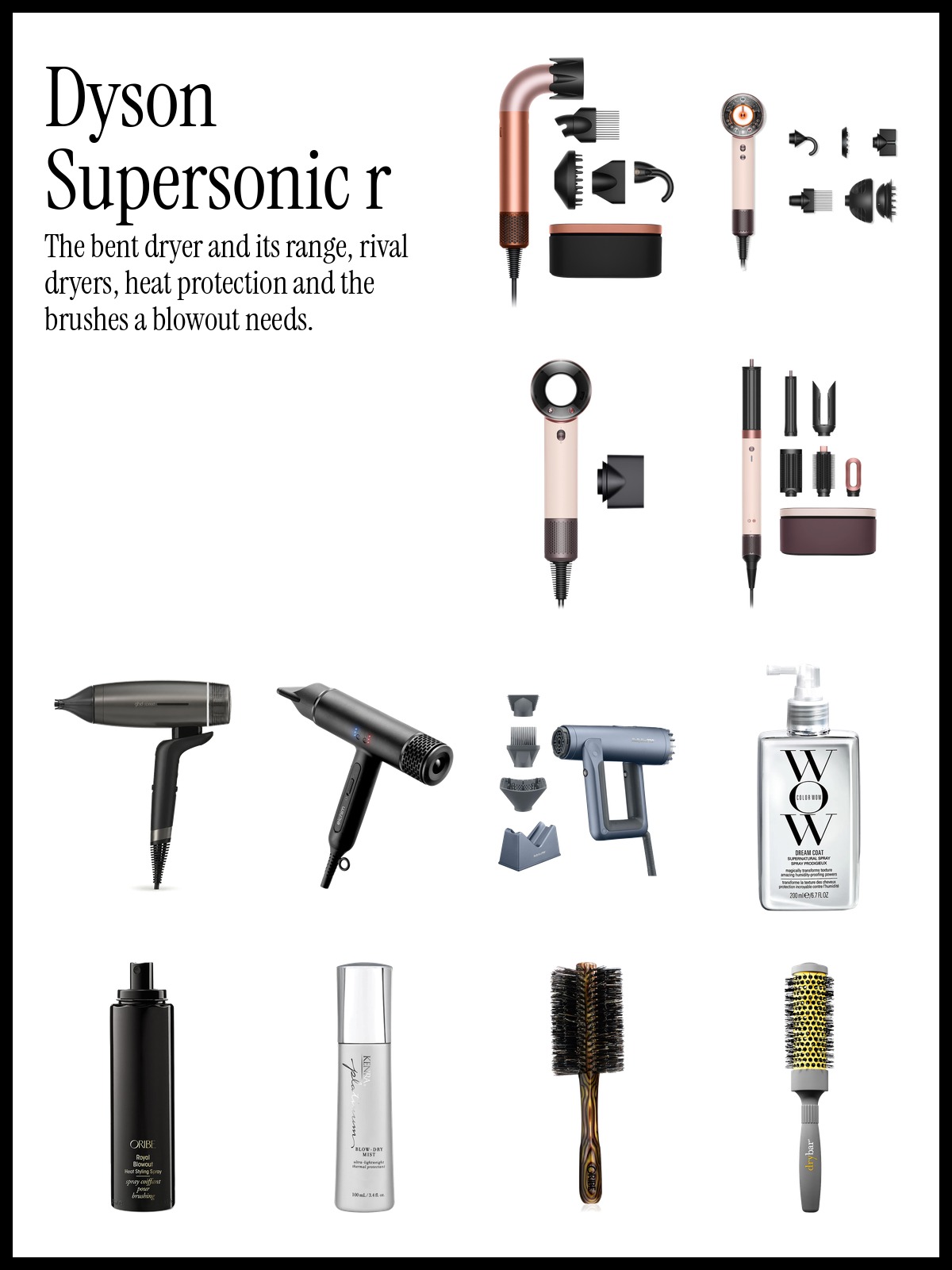 Collage of the Dyson Supersonic r Hair Dryer, ghd Speed Ionic Hair Dryer and Color Wow Dream Coat Anti-Frizz Blow Dry Treatment Spray