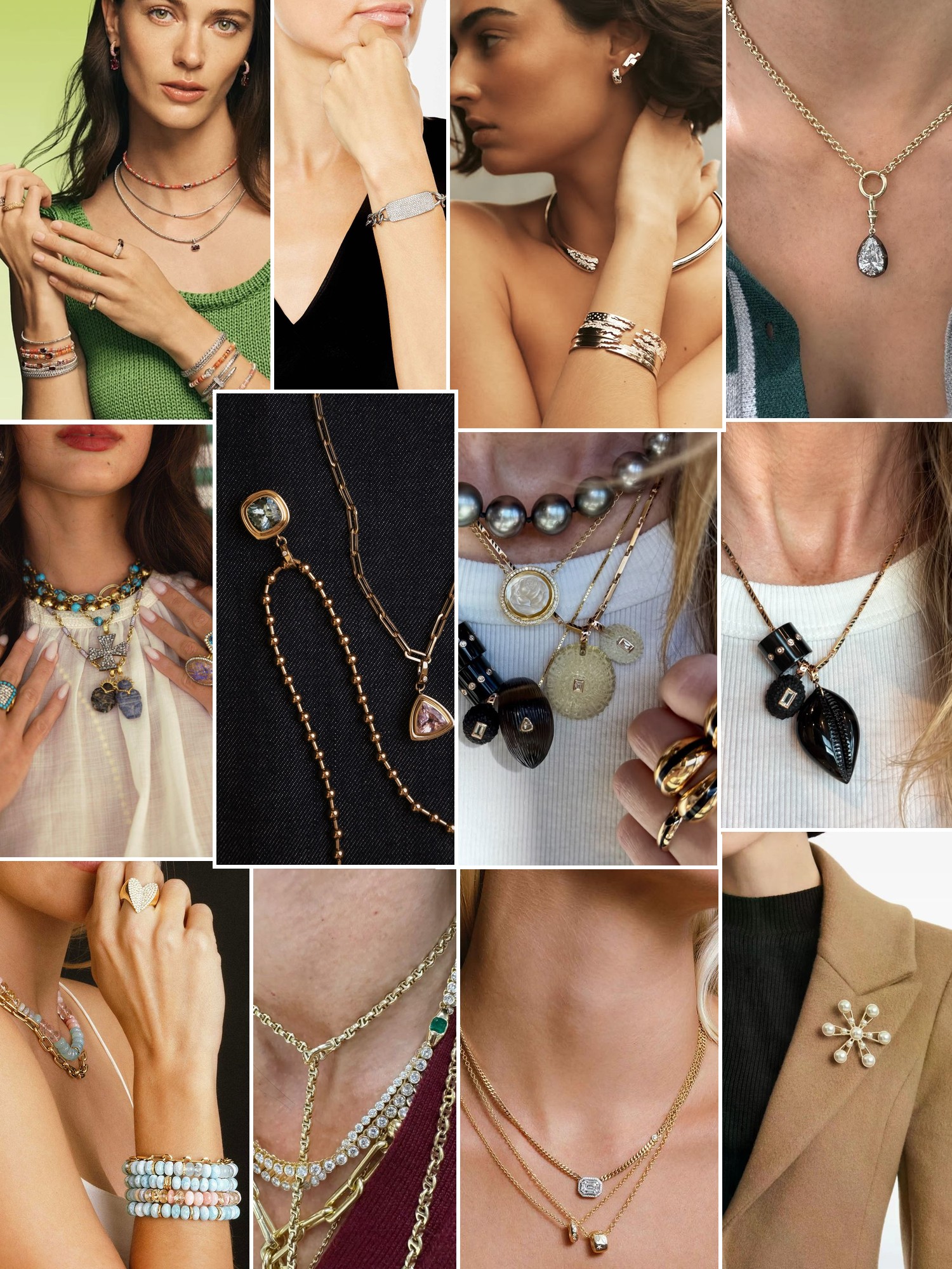 Collage of rings, earrings and layered necklaces worn up close, in the spirit of Sheryl Lowe