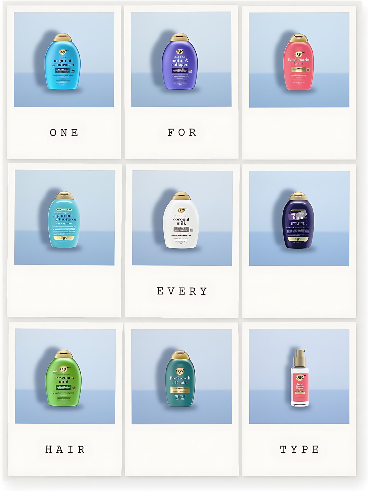 Polaroid grid on a blue studio background: OGX Nourishing + Coconut Milk Shampoo; OGX Renewing + Argan Oil of Morocco Shampoo; OGX Thick & Full + Biotin & Collagen Shampoo; OGX Bond Protein Repair Lightweight Hair Shampoo; OGX Hydrate + Repair Argan Oil of Morocco Extra Strength Shampoo; OGX Blonde Enhance + Purple Toning Shampoo; OGX Clarifying Strength + Rosemary Mint Shampoo; OGX ProGrowth + Peptide Exfoliating Scalp Shampoo; OGX Bond Protein Repair Sealing Hair Serum