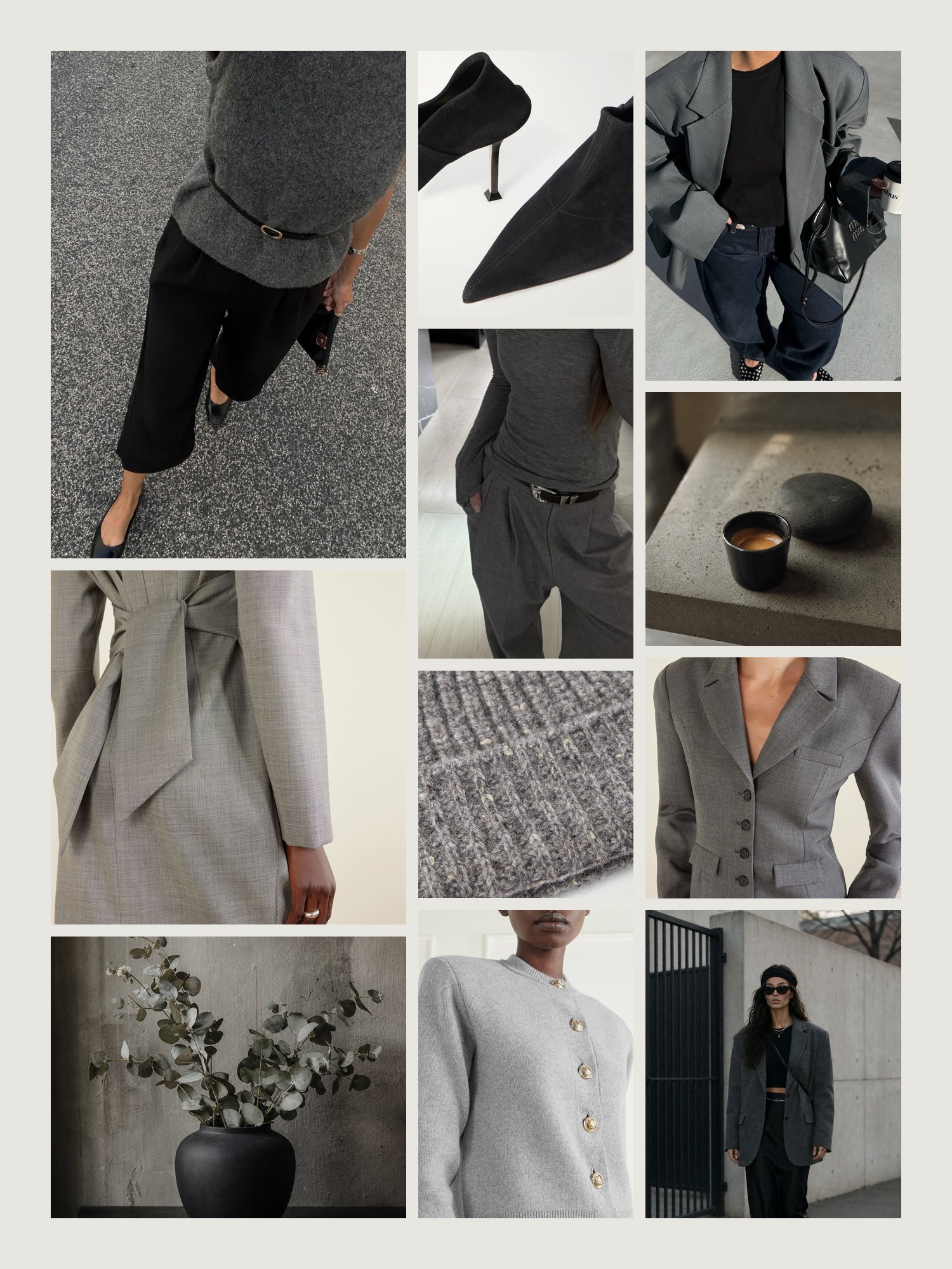 Mood board for gray and black outfits: four street-style photos of women wearing gray and black, close-ups of the Auralee beanie, the Christen pumps, the Balmain cardigan, the Magda Butrym midi dress and the Magda Butrym blazer from this edit, and two still lifes in both colors