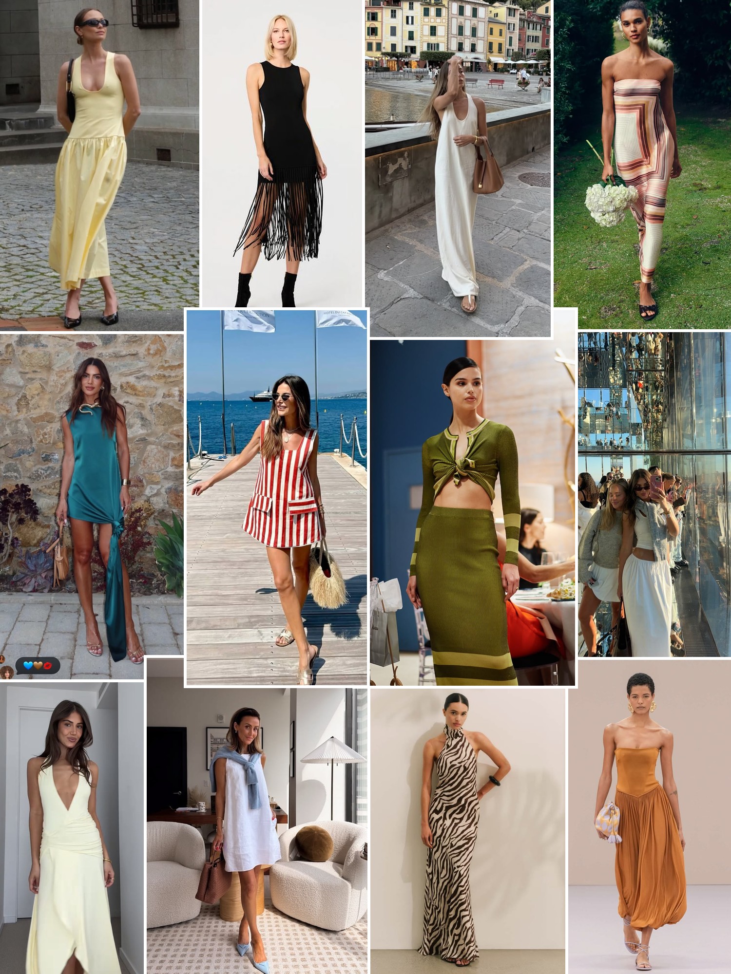 Collage of occasion dresses, bright colors and polished street style.