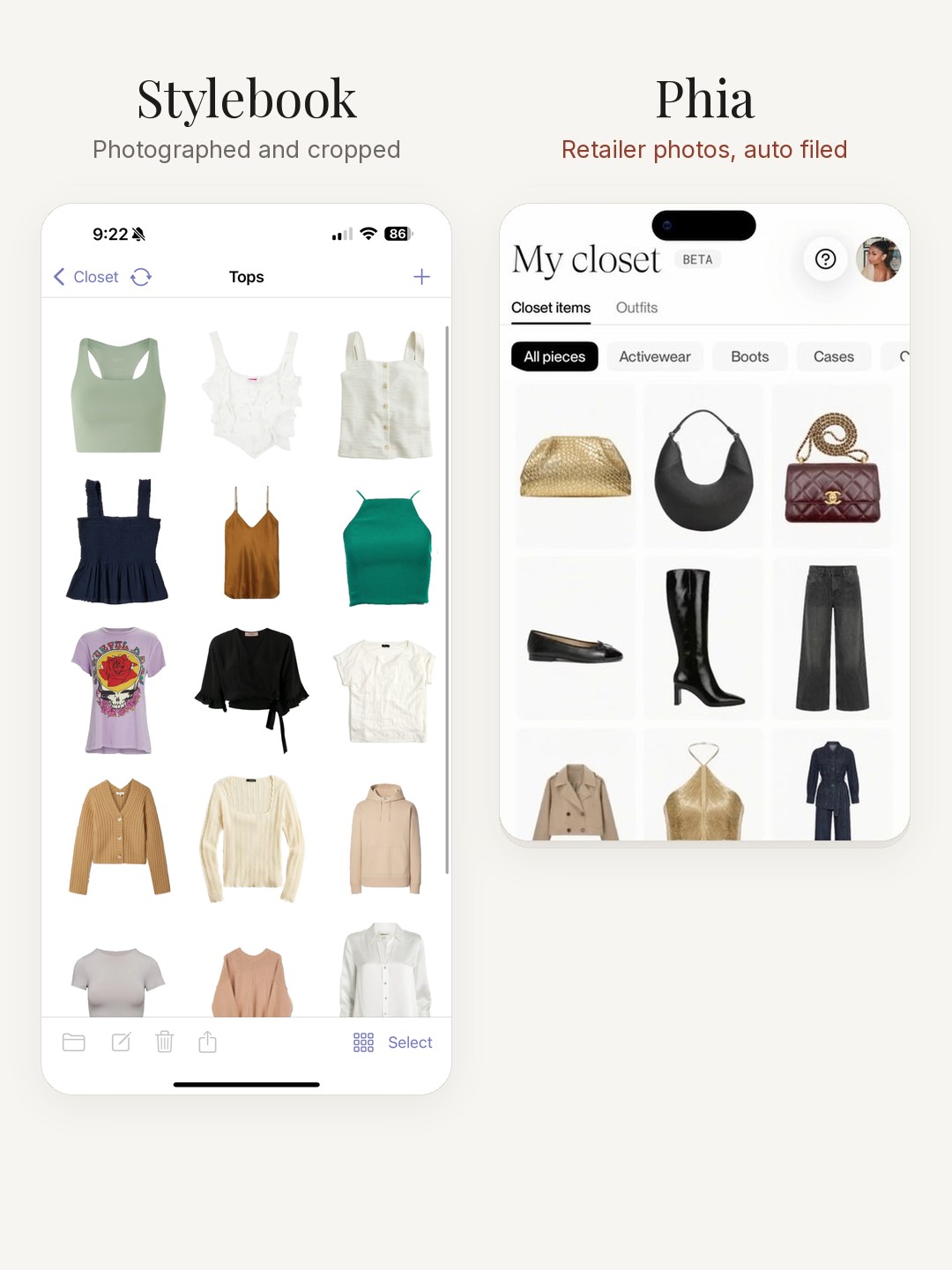 Side by side: Stylebook's Tops grid of photographed pieces, next to Phia's Closet items tab of retailer product photos