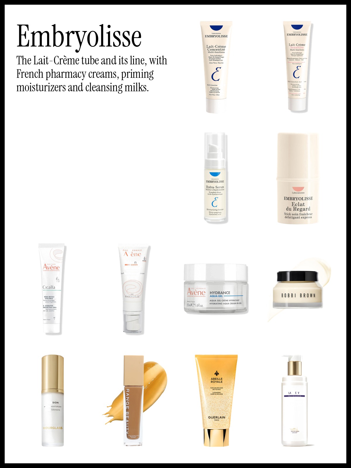 Collage of Embryolisse Lait-Crème Concentré, Avène Cicalfate+ Restorative Protective Cream and Bobbi Brown Vitamin Enriched Face Base+ Moisturizer & Primer