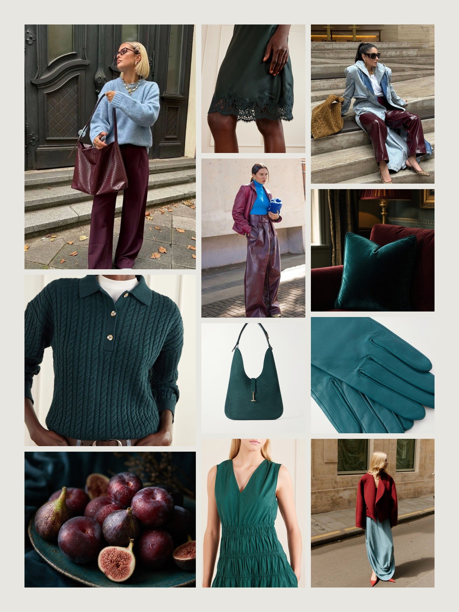 Mood board for teal and burgundy outfits: four street-style photos of women wearing teal and burgundy, close-ups of the Varley cable-knit sweater, the Saint Laurent silk-satin skirt, the Tom Ford shoulder bag, the Proenza Schouler White Label midi dress and the Agnelle leather gloves from this edit, and two still lifes in both colors