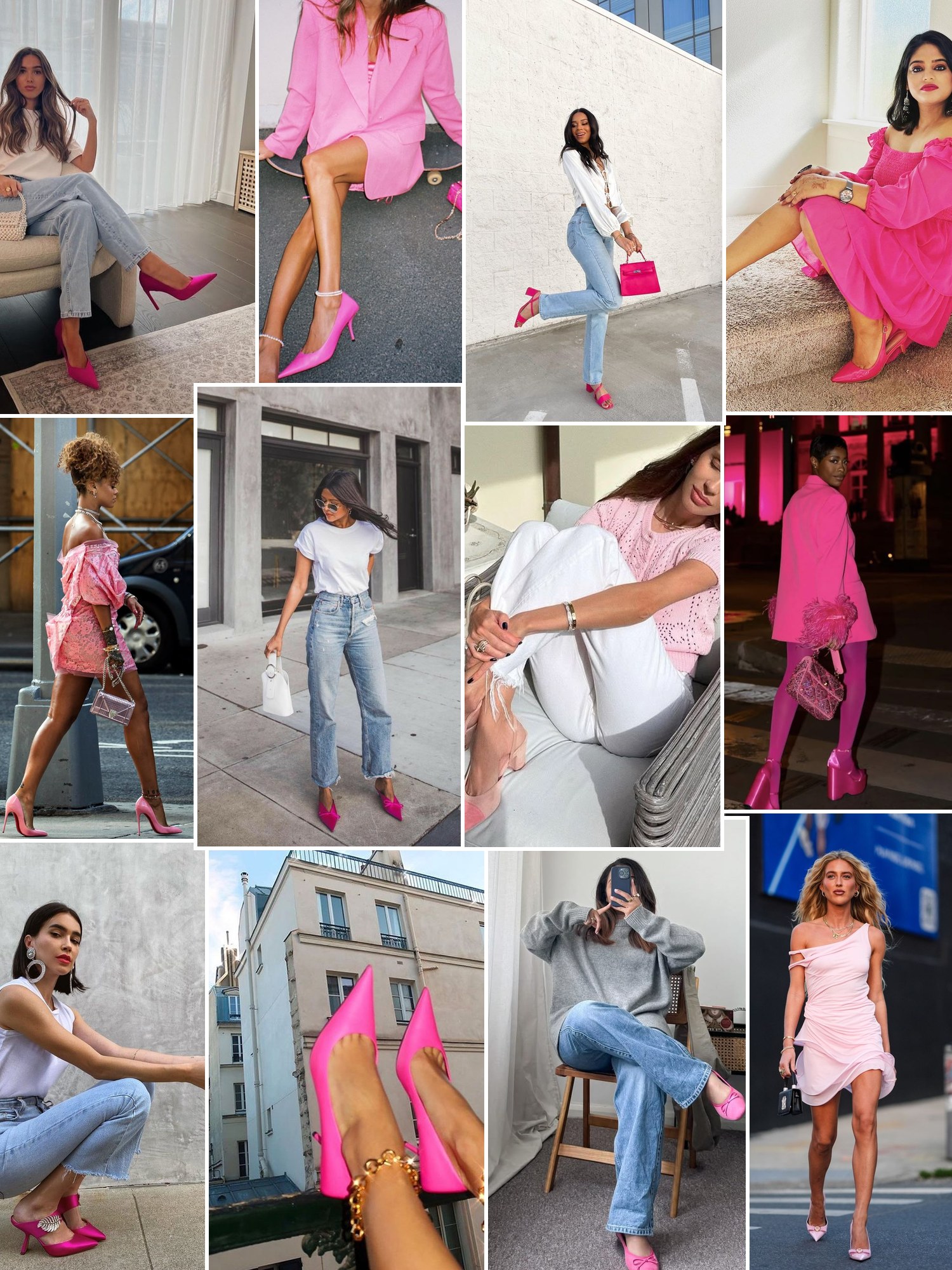 Street style collage of women wearing pink pumps, slingbacks and stilettos
