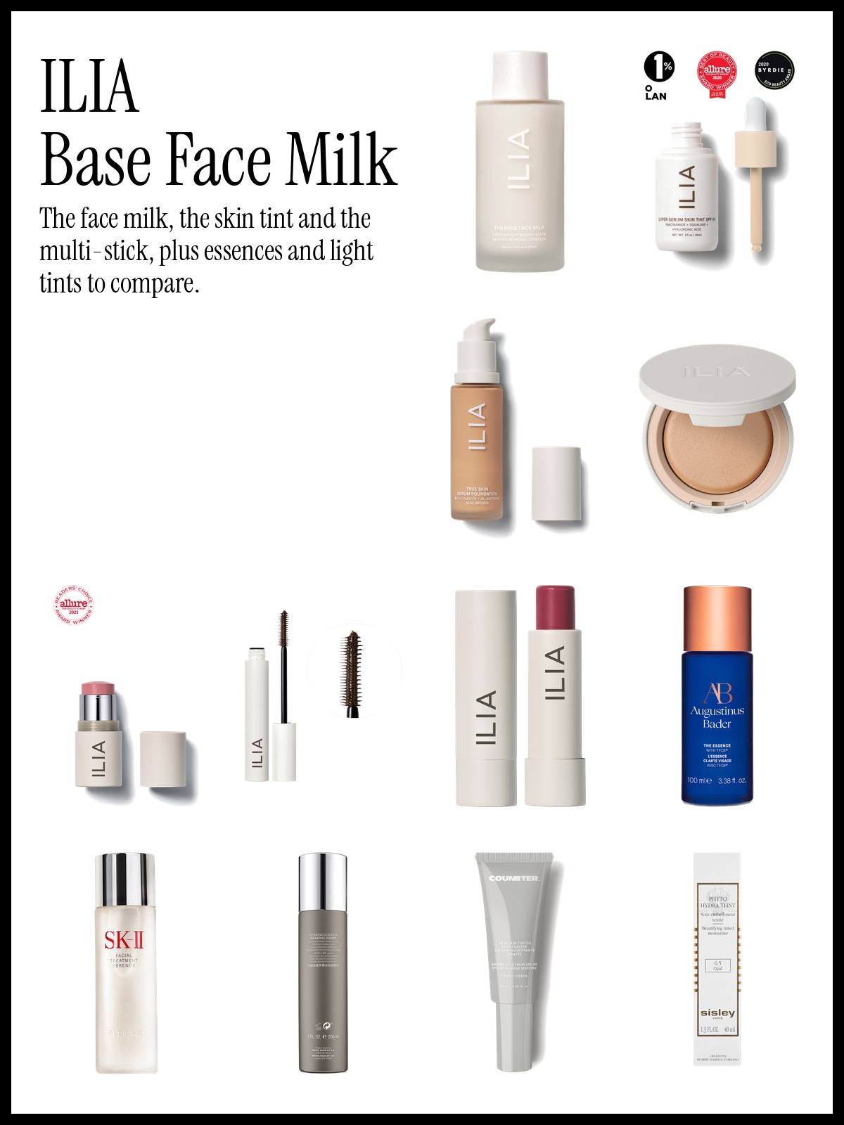 Collage of ILIA The Base Face Milk, ILIA Super Serum Skin Tint SPF 40 and ILIA Multi-Stick