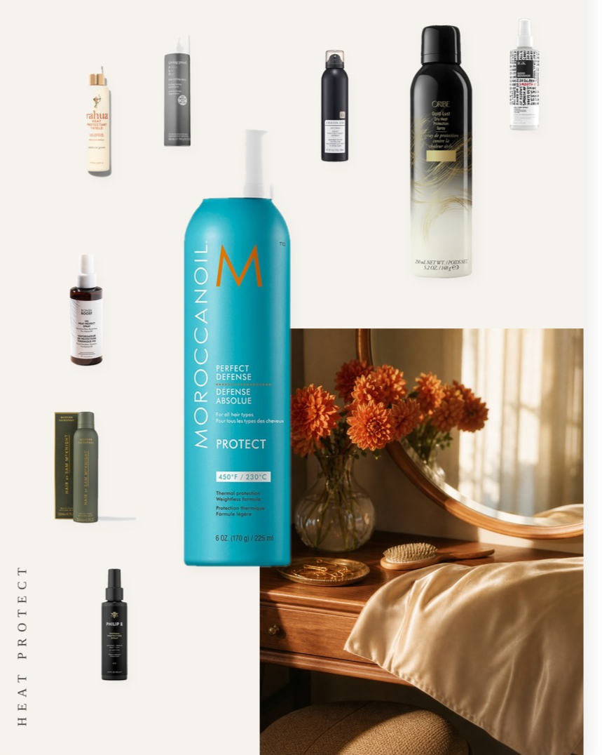 Collage on an off-white page showing the Moroccanoil Perfect Defense Heat Protectant and the Oribe Gold Lust Dry Heat Protection Spray, with seven more picks from this edit, beside a still-life photo of a dressing table with orange flowers, a round mirror and silk.