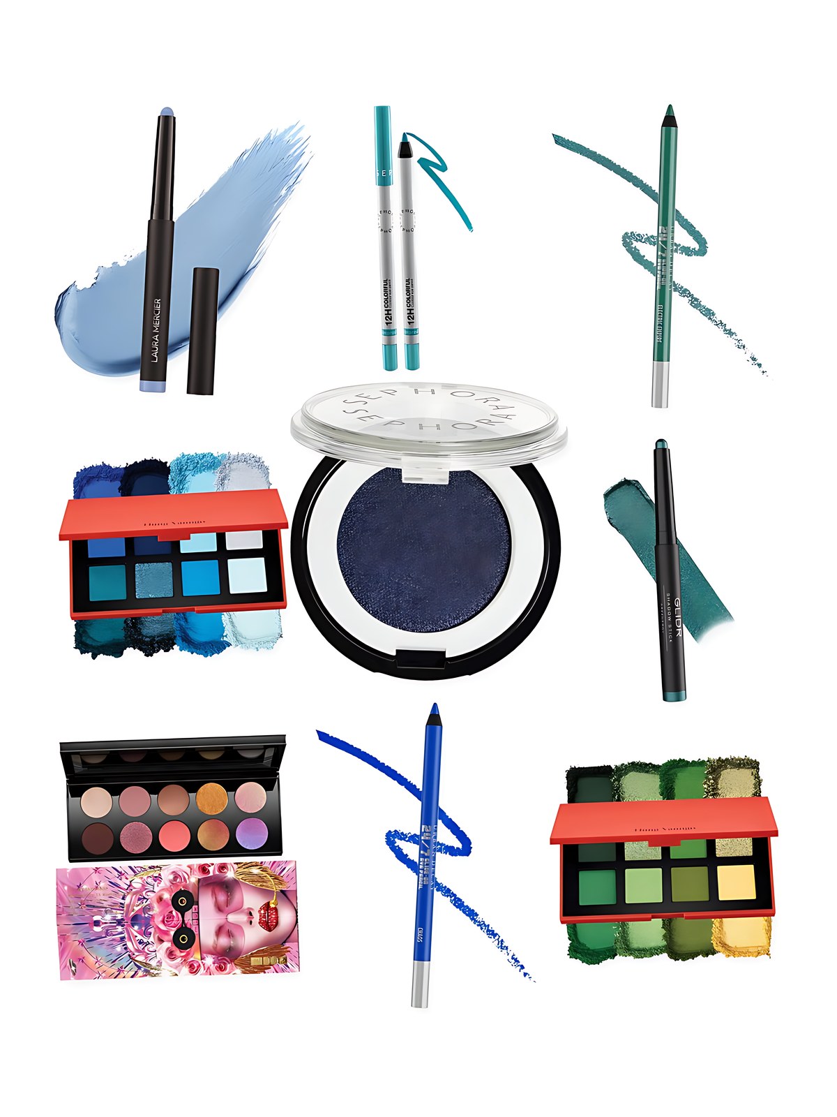 Collage on a white background showing Hung Vanngo Beauty Color Story Eyeshadow Palette, Anastasia Beverly Hills Glidr Smudge Proof Cream Eyeshadow Stick with 12-Hour Wear, Urban Decay 24/7 Glide-On Waterproof Eyeliner Pencil, Hung Vanngo Beauty Color Story Eyeshadow Palette, Laura Mercier Caviar Stick Cream Eyeshadow, Urban Decay 24/7 Glide-On Waterproof Eyeliner Pencil, Pat McGrath Labs Mothership IX Eyeshadow Palette: Huetopian Dream, Sephora Collection Colorful Eyeshadow and Sephora Collection 12 Hour Colorful Contour Pencil Eyeliner.