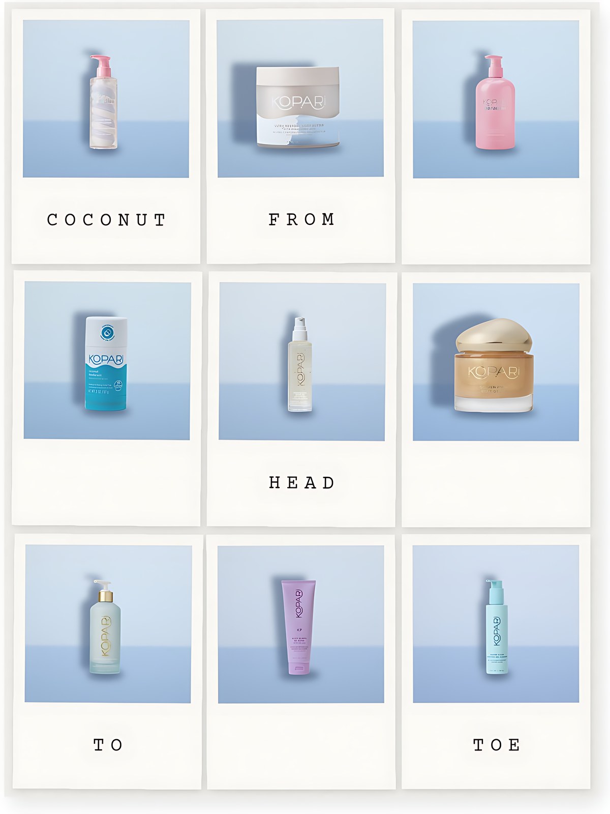 Polaroid grid on a blue studio background: Kopari Golden Aura Body Oil; Kopari Paradiso Cloud Swirl Body Lotion; Kopari Ultra Restore Body Butter; Kopari Paradiso Cloud Foam Body Wash; Kopari Aluminum-Free Coconut Deodorant; Kopari Golden Aura Body Gelée; Kopari Hydrating Silk Body Cream; Kopari KP Body Bumps Be Gone With 10% AHA; Kopari Marine Clean Purifying Gel Cleanser