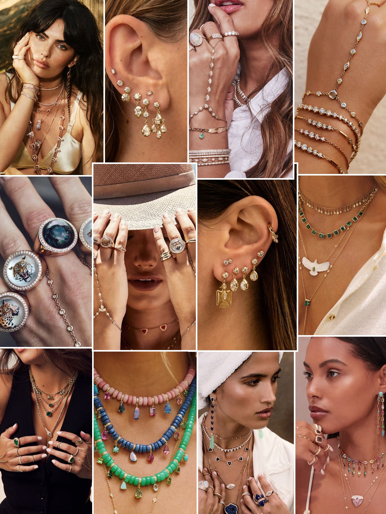 Collage of rings, earrings and layered necklaces worn up close, in the spirit of Jacquie Aiche