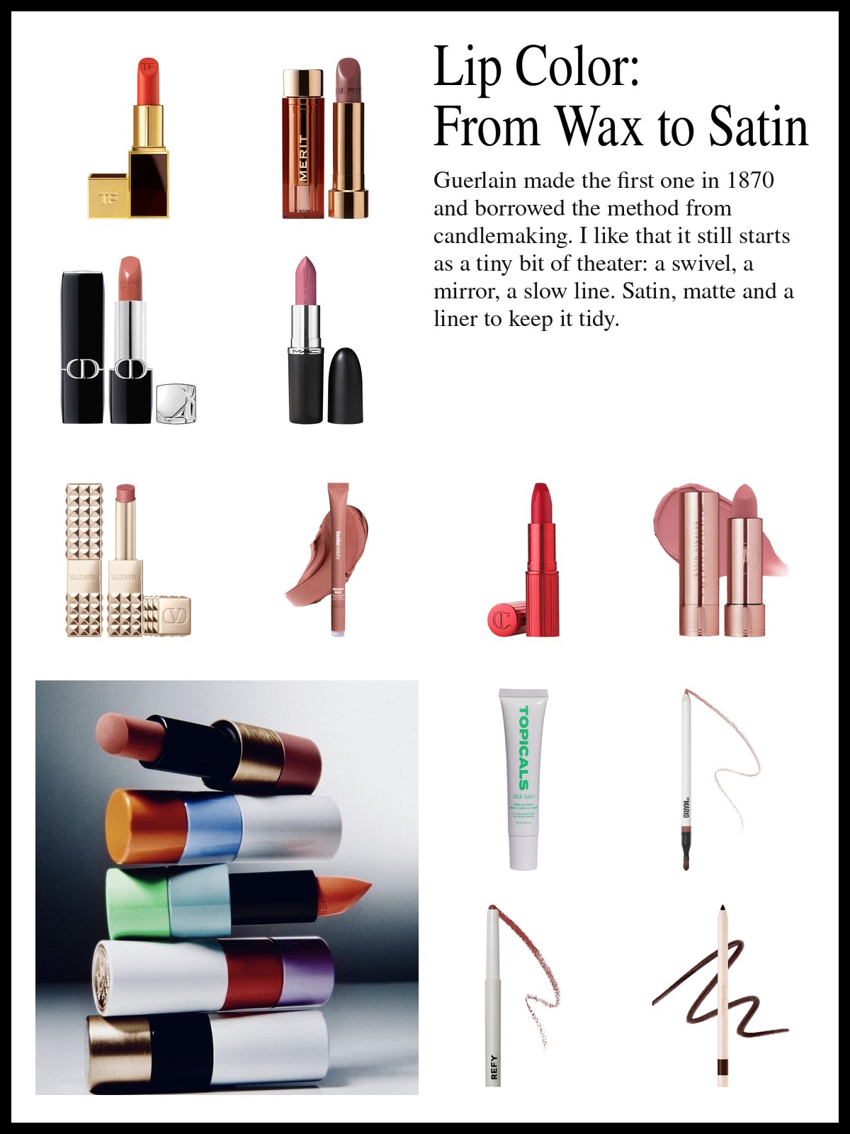 Collage of satin and matte lip color, liners and balms beside a studio photo of five lip color tubes stacked on their sides, with gold, orange, blue, green, red and lilac caps against a soft gray background.