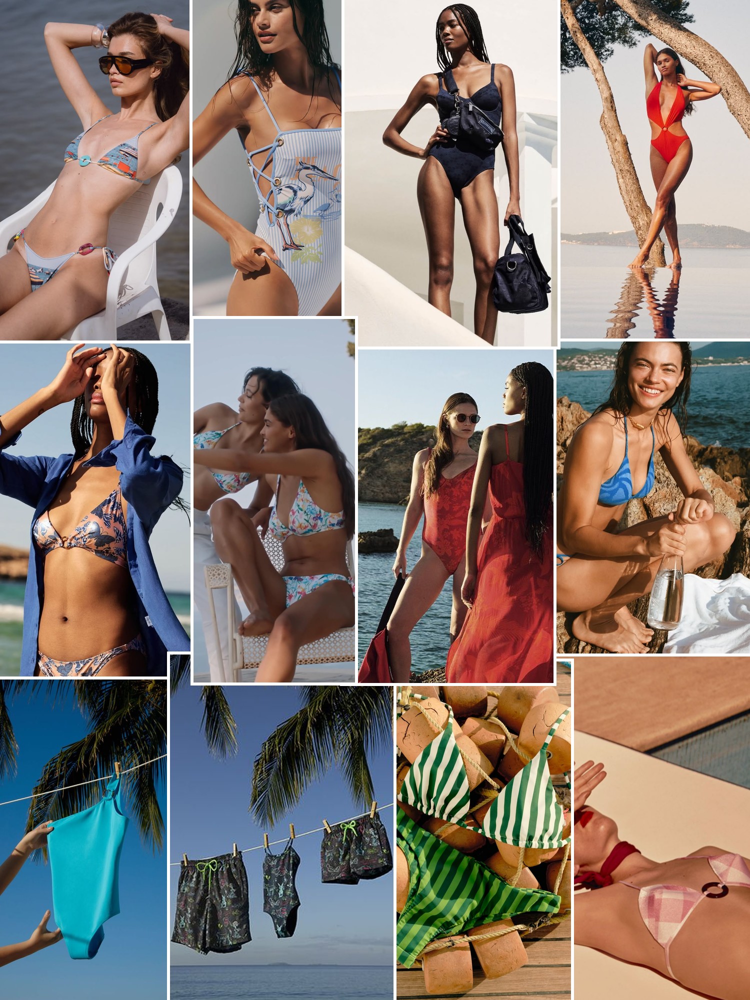 Collage of women in printed swimwear, beach coverups, turquoise water and sunlit coastal details