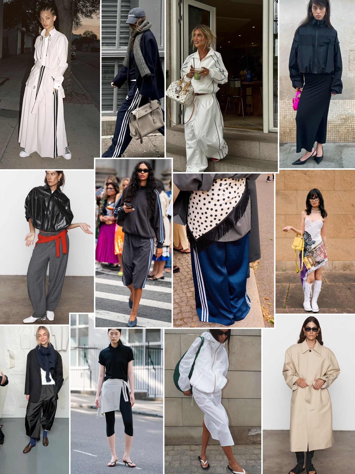 Sporty womenswear, track layers, long skirts, tailored outerwear and monochrome street looks.