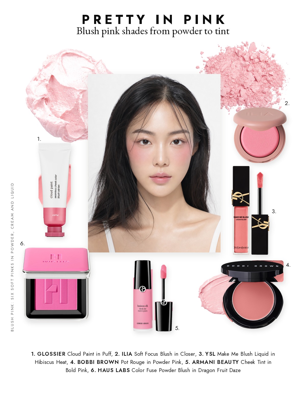 Magazine page collage for Blush Pink for Every Texture, Powder to Tint, featuring ILIA, Glossier, Bobbi Brown, YSL, Armani Beauty and Haus Labs