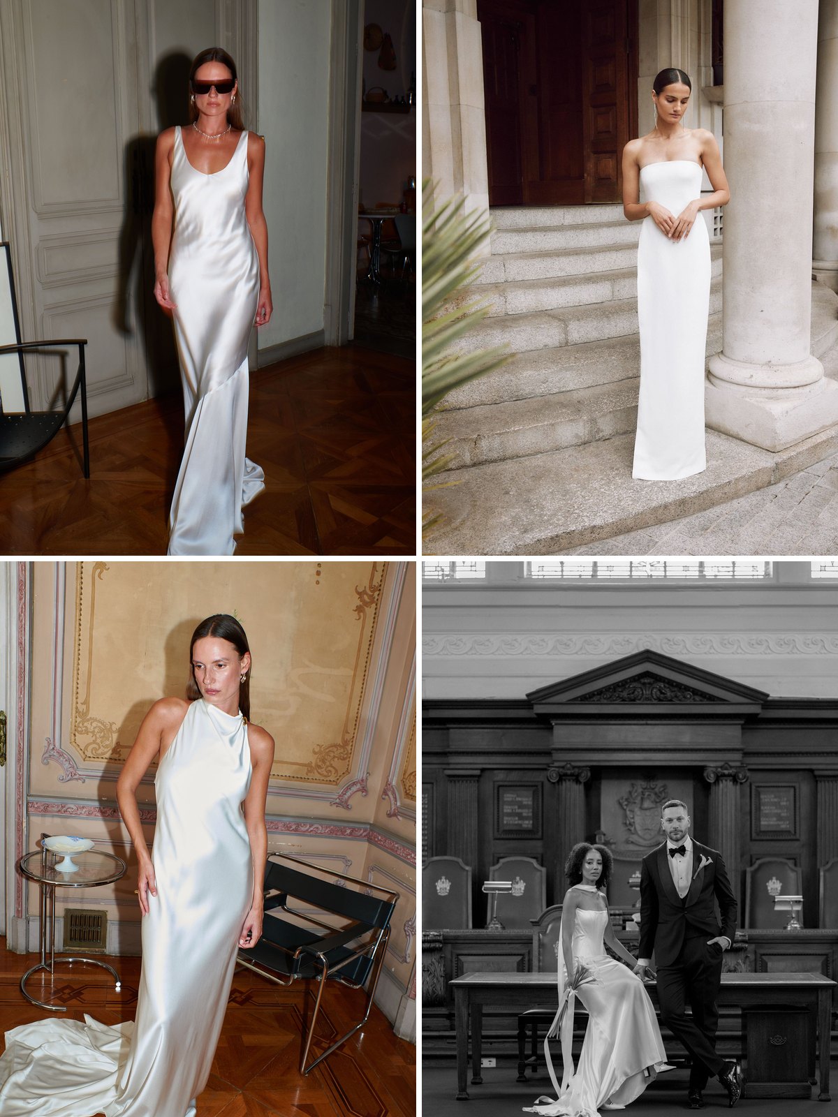 Wedding dress mood: silk slip dresses and sleek satin columns, from a city hall ceremony to a gilded room