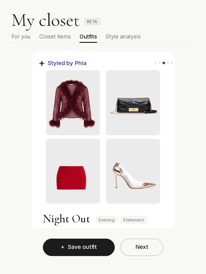 Phia Styled by Phia outfit named Night Out: a burgundy jacket, red skirt, clutch and heels