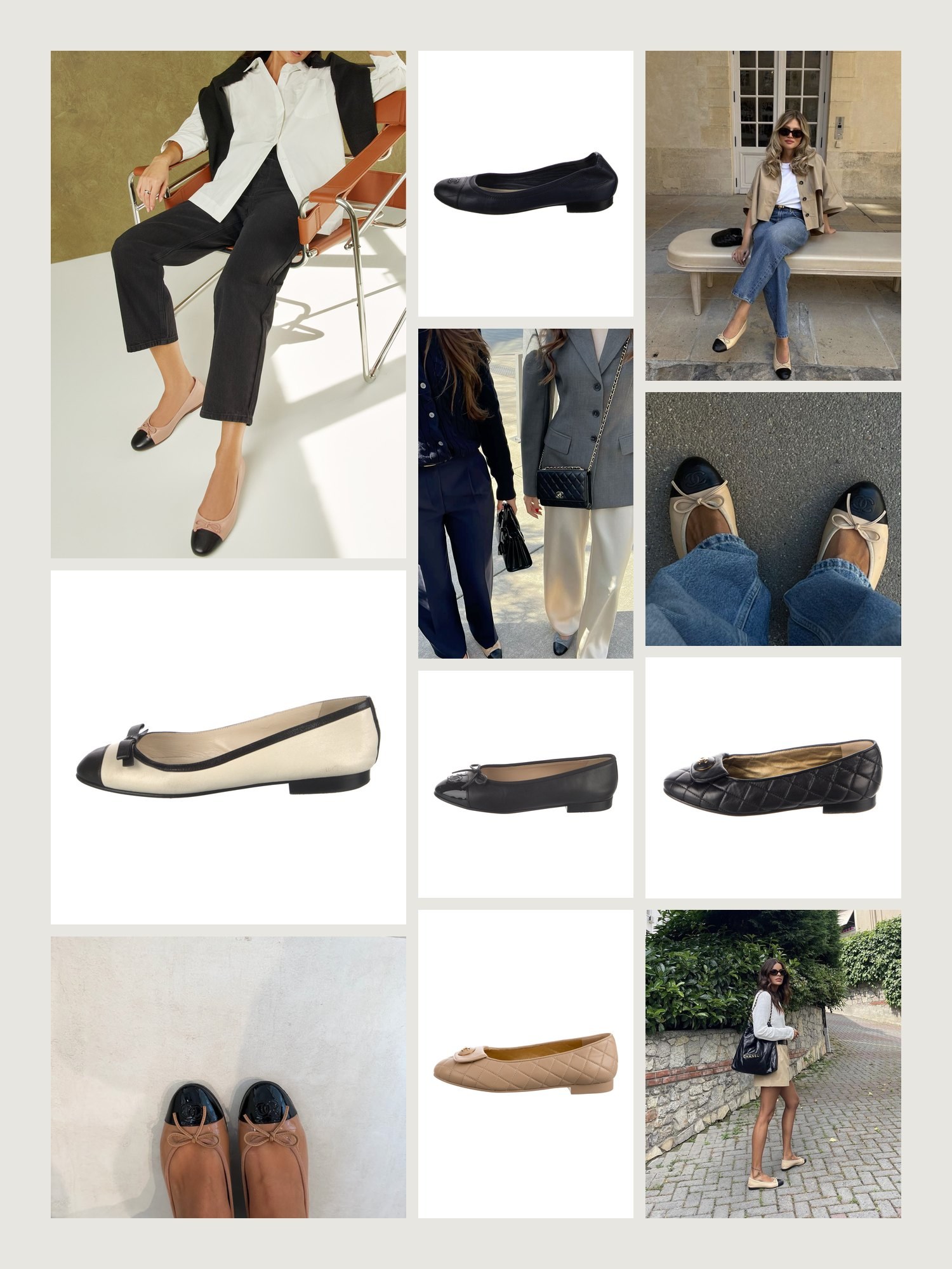 Vibe collage for classic Chanel ballet flats: two-tone cap-toe flats with jeans and tailoring, and classic pairs from the grid above