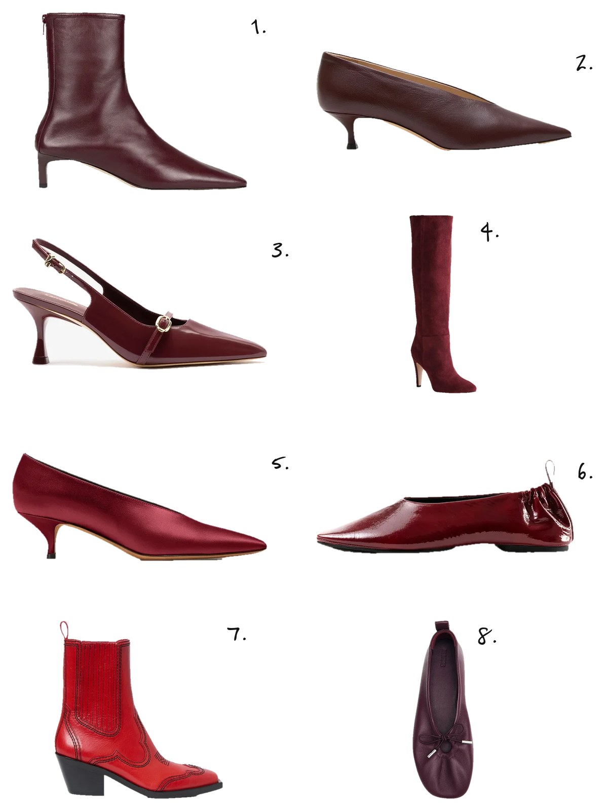 Numbered collage: 1. Dear Frances Topo Bootie in Bordeaux; 2. Le Monde Béryl Babouche Kitten Heel in Oxblood; 3. Larroudé Ines Pump in Burgundy; 4. Brother Vellies Palms Boot in Oxblood Suede; 5. Emme Parsons Veneto Pump in Burgundy Satin; 6. Souliers Martinez Mina Patent Ballerina in Burgundy; 7. Loeffler Randall Agnes Western Boot in Red; 8. Alohas Rosalind Ballet Flat in Burgundy