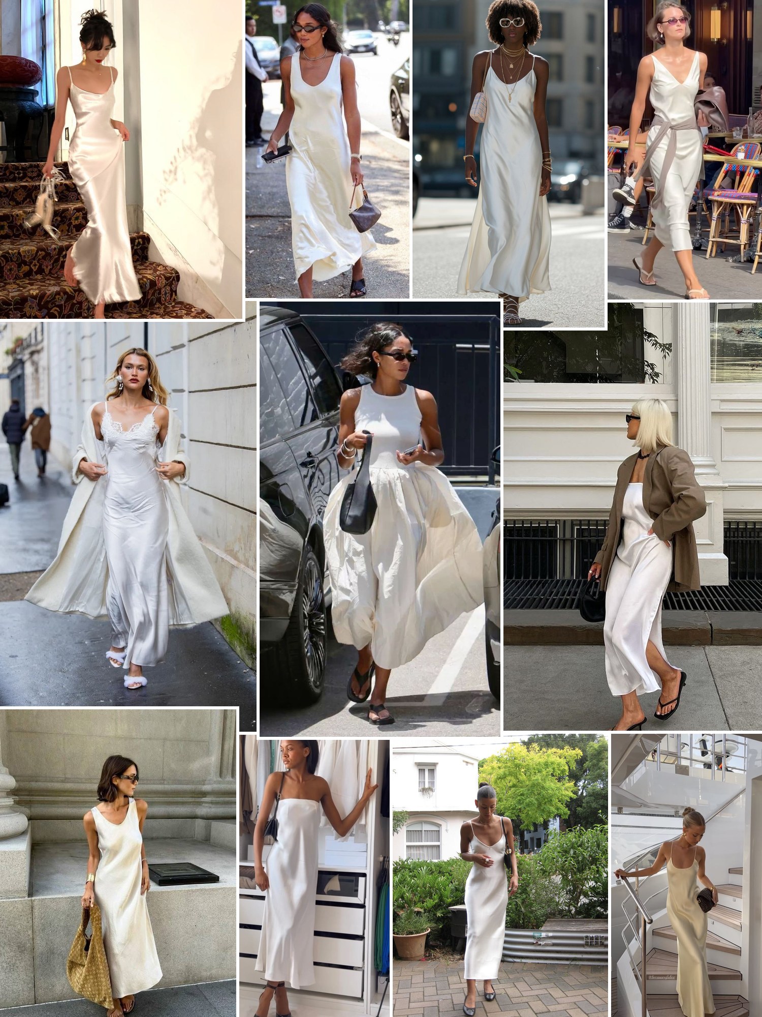 Street style collage of white satin slip dresses