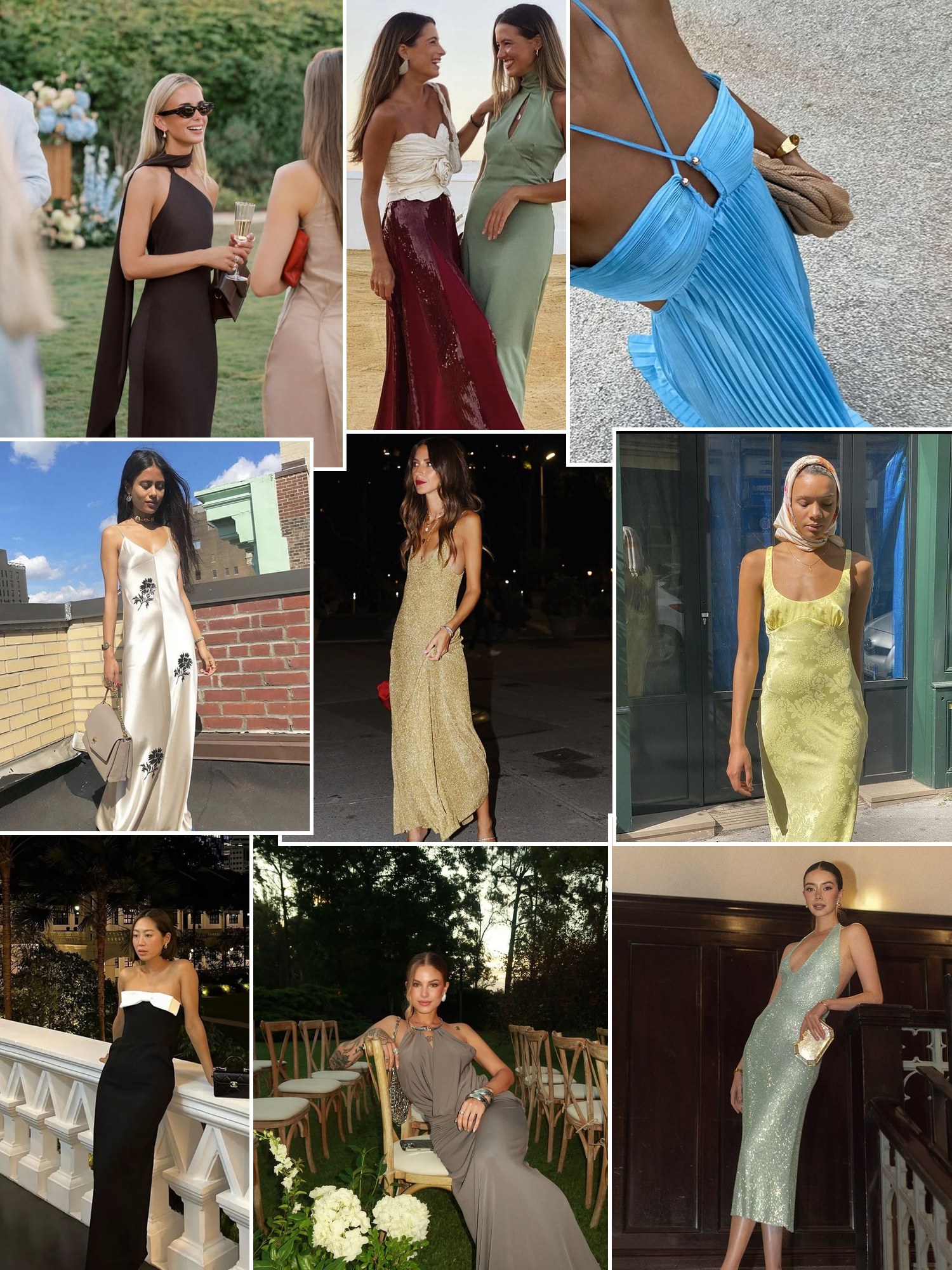 Collage of everyday outfits built around black tie optional dresses