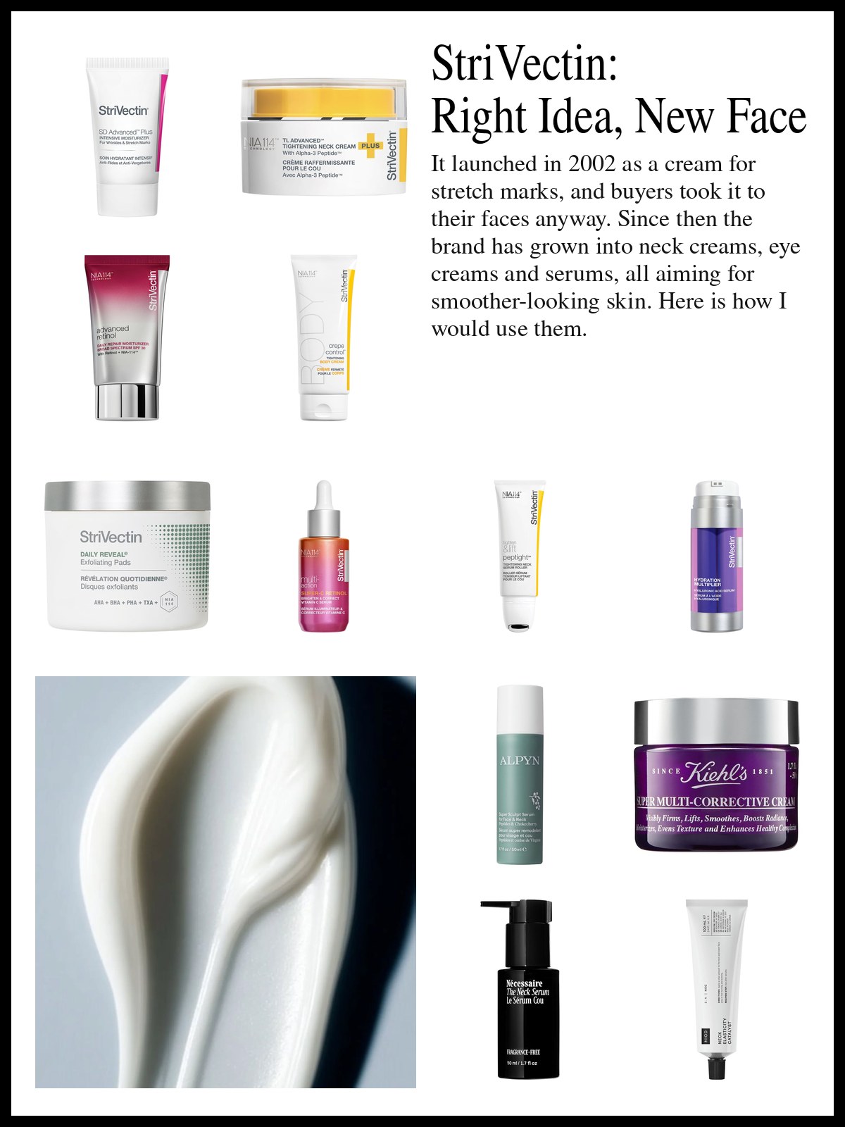 Collage of StriVectin creams, serums and exfoliating pads beside neck creams and serums from other brands and a mood photo of a smooth ribbon of white cream.