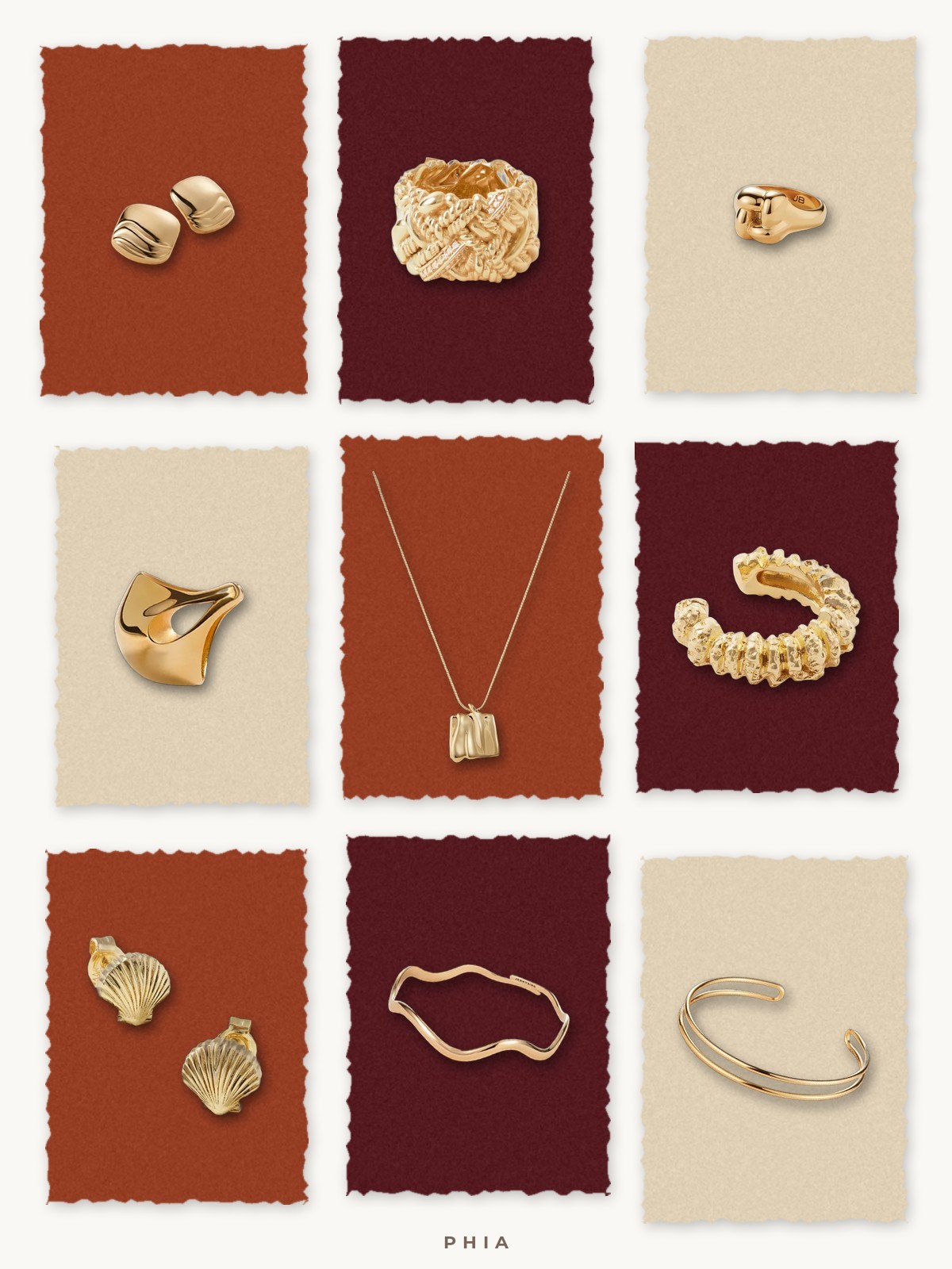 Collage: sculptural gold jewelry on torn paper squares
