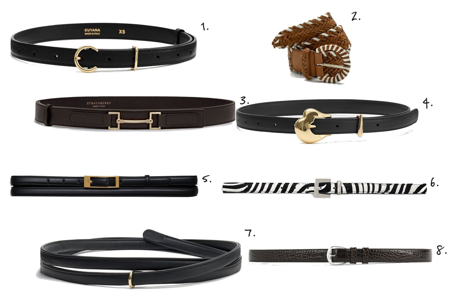 Numbered collage: 1. Cuyana Crescent Buckle Belt; 2. Dragon Diffusion 16 Ply Handwoven Belt in Tan and White; 3. Strathberry Stockbridge Belt in Espresso; 4. Cuyana Celestia Belt; 5. Anine Bing Double Elly Belt; 6. Anine Bing Nicola Belt in Zebra; 7. Cuyana Wrap Belt; 8. Toteme 2.5cm Croc-Embossed Belt in Dark Brown