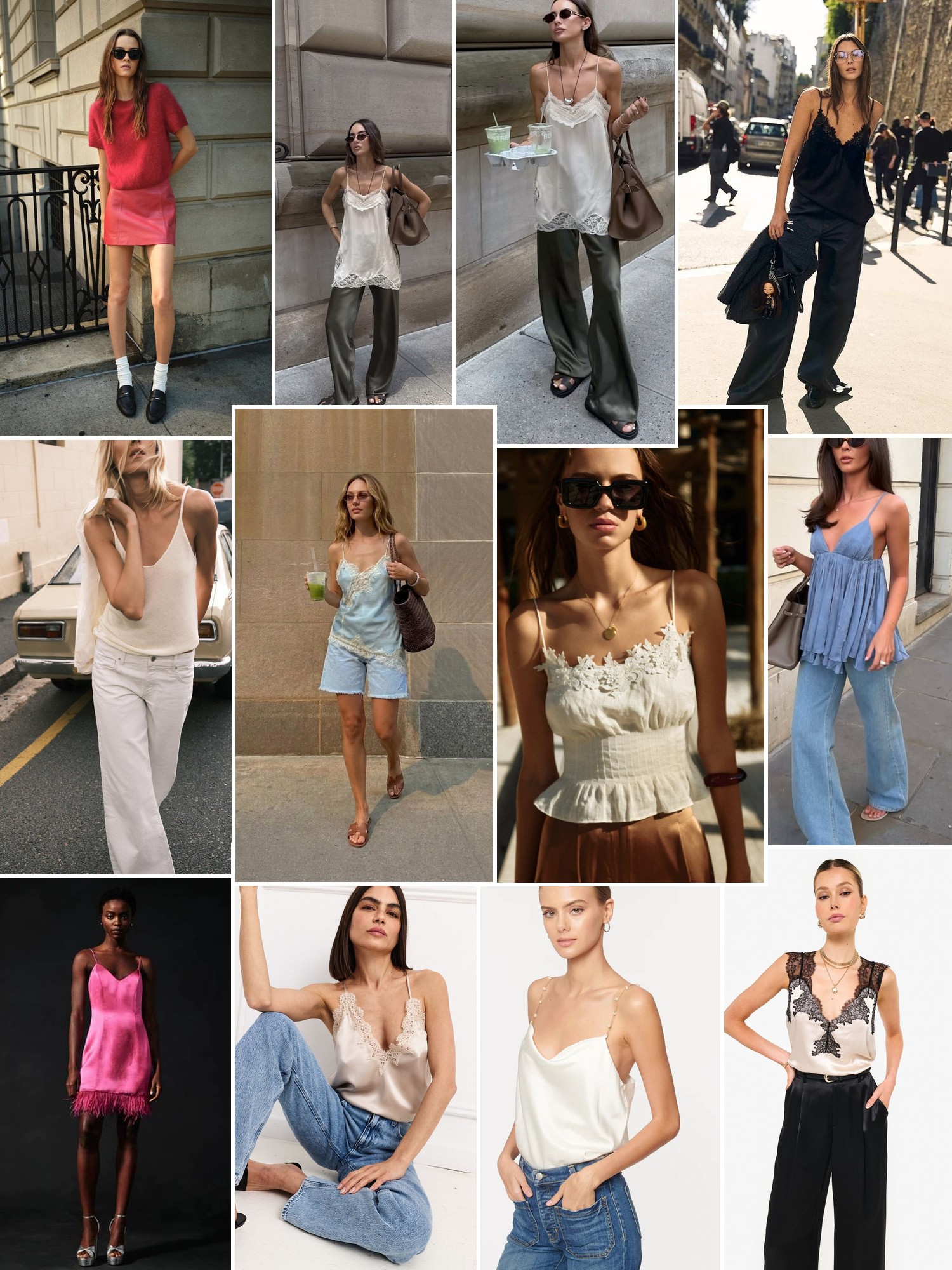 Collage of silk camisoles, lace tops and fluid separates styled with denim and tailored trousers