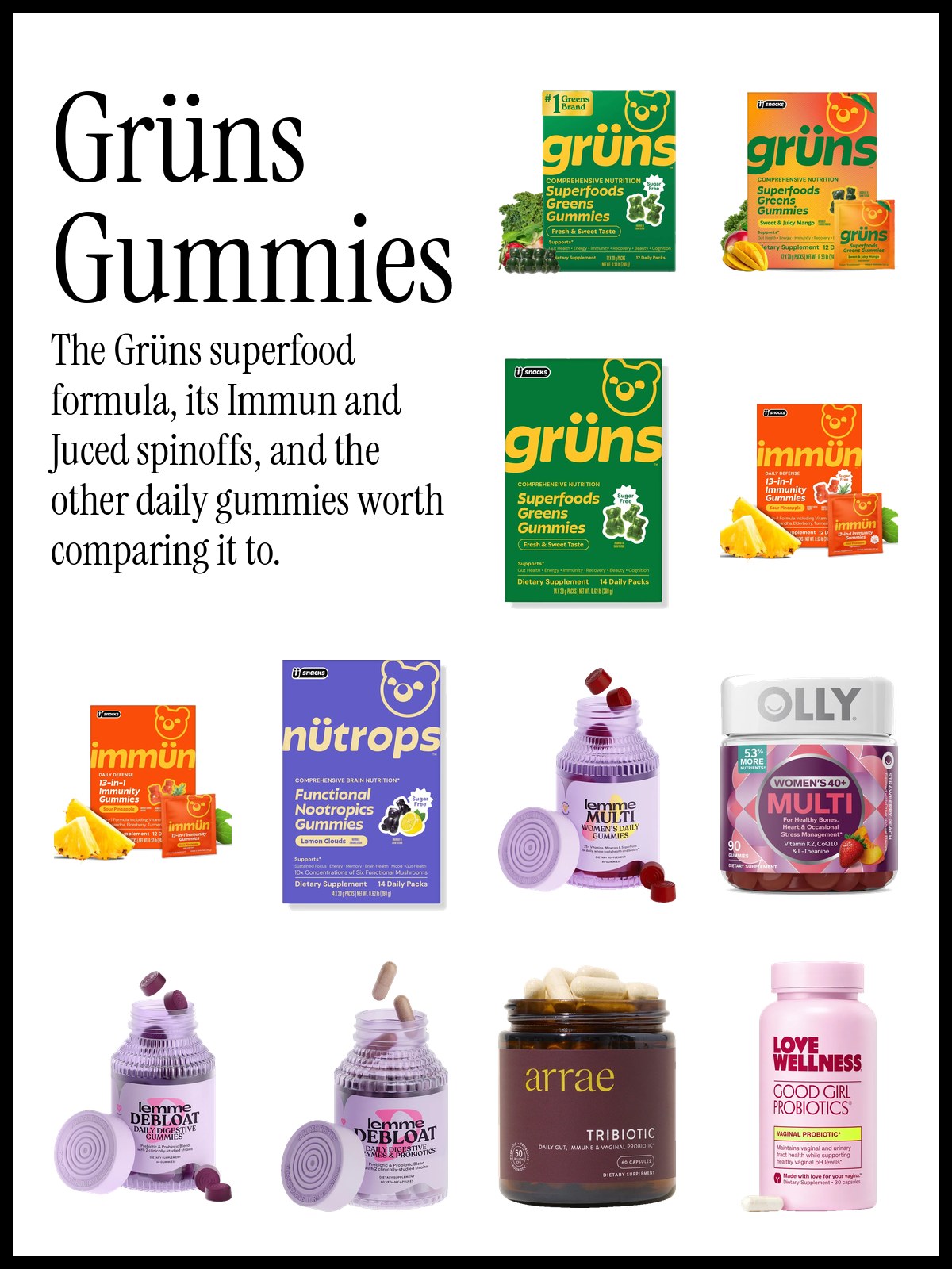 Collage of Grüns superfood greens gummies with Immün, Nütrops and other daily gummy vitamins