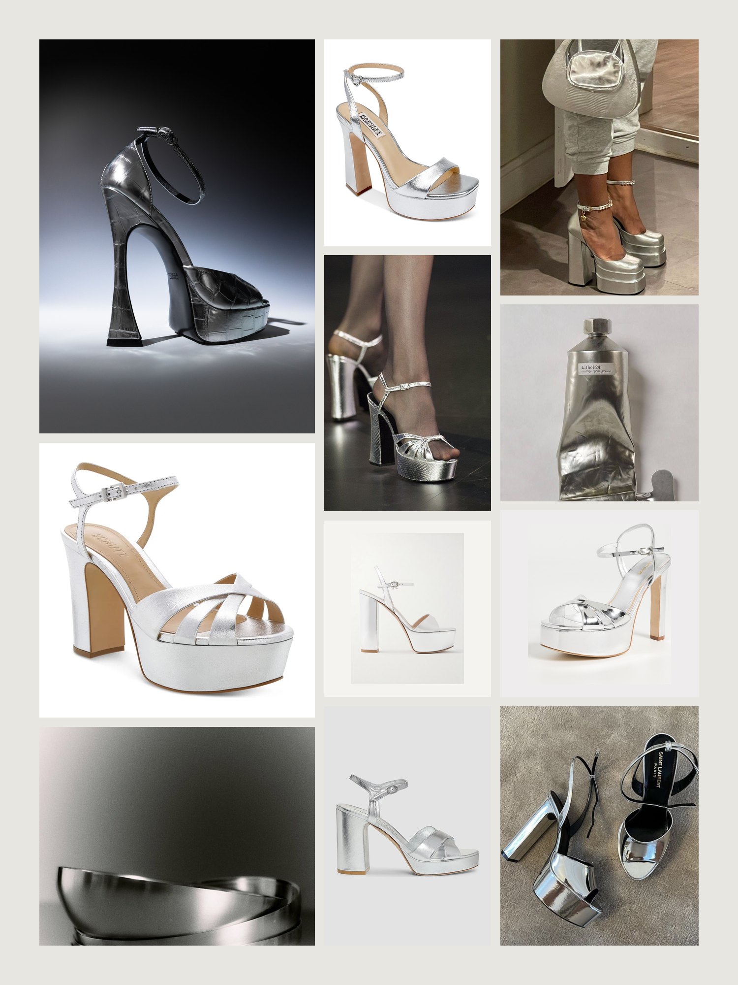 Vibe collage for silver platform and block-heel sandals: mirrored platforms, chrome still lifes and platforms from the grid below