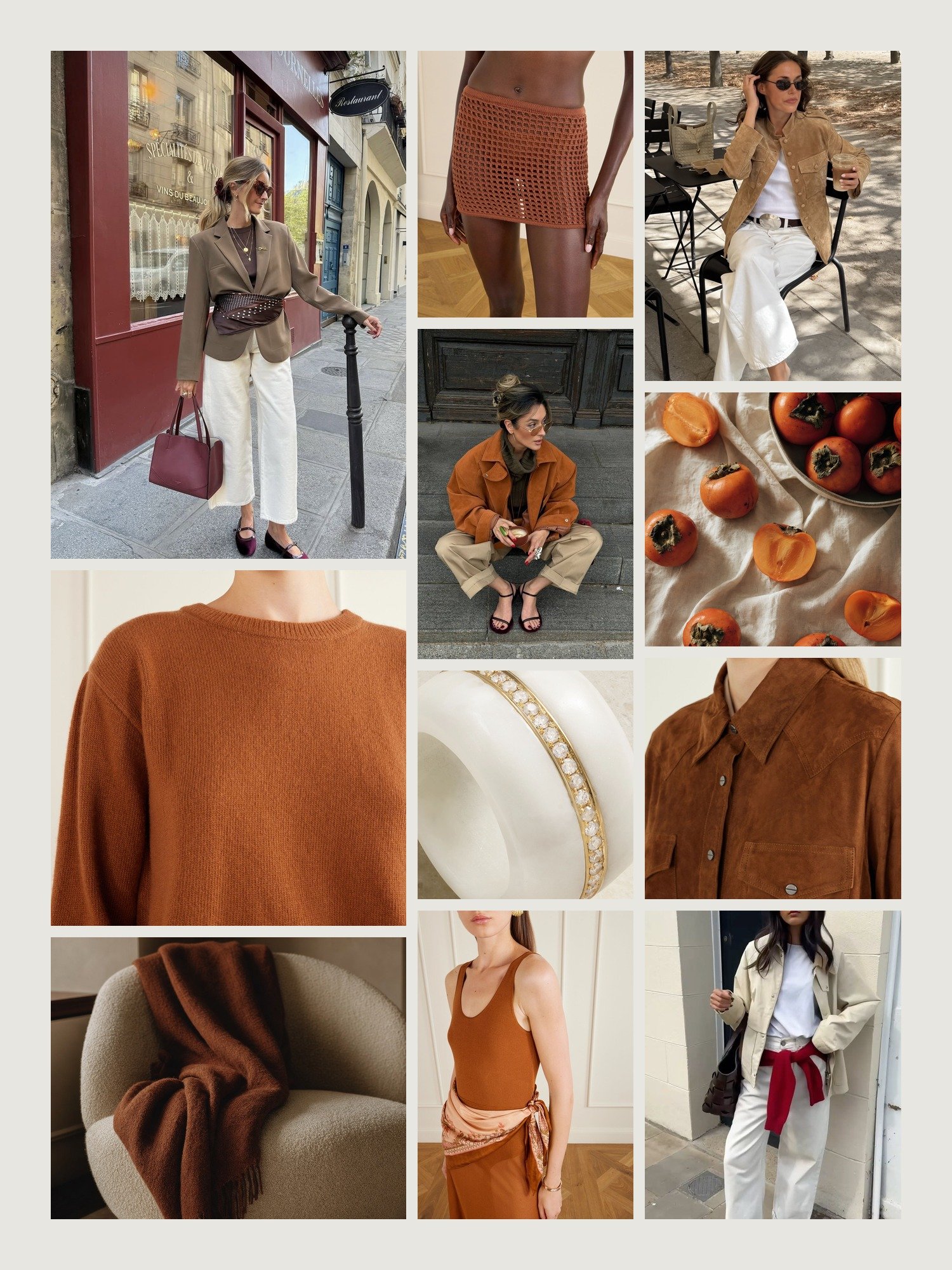 Mood board for rust and cream outfits: four street-style photos of women wearing rust and cream, close-ups of the Sanderlak wool sweater, the Haight mini skirt, the By Pariah diamond ring, the Zimmermann maxi dress and the TWP suede jacket from this edit, and two still lifes in both colors