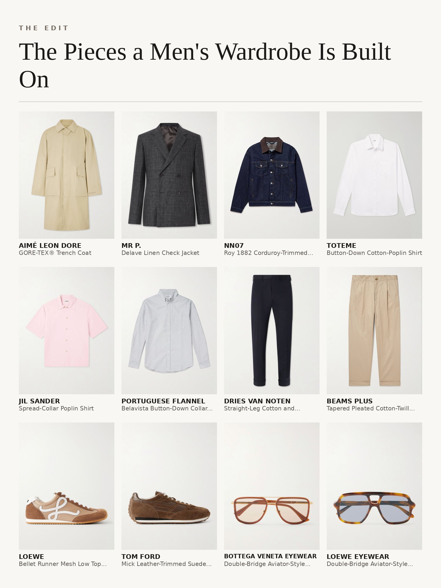 Collage of men's wardrobe basics: denim jackets, white T-shirts and polos, straight-leg jeans, loafers, sneakers and sunglasses
