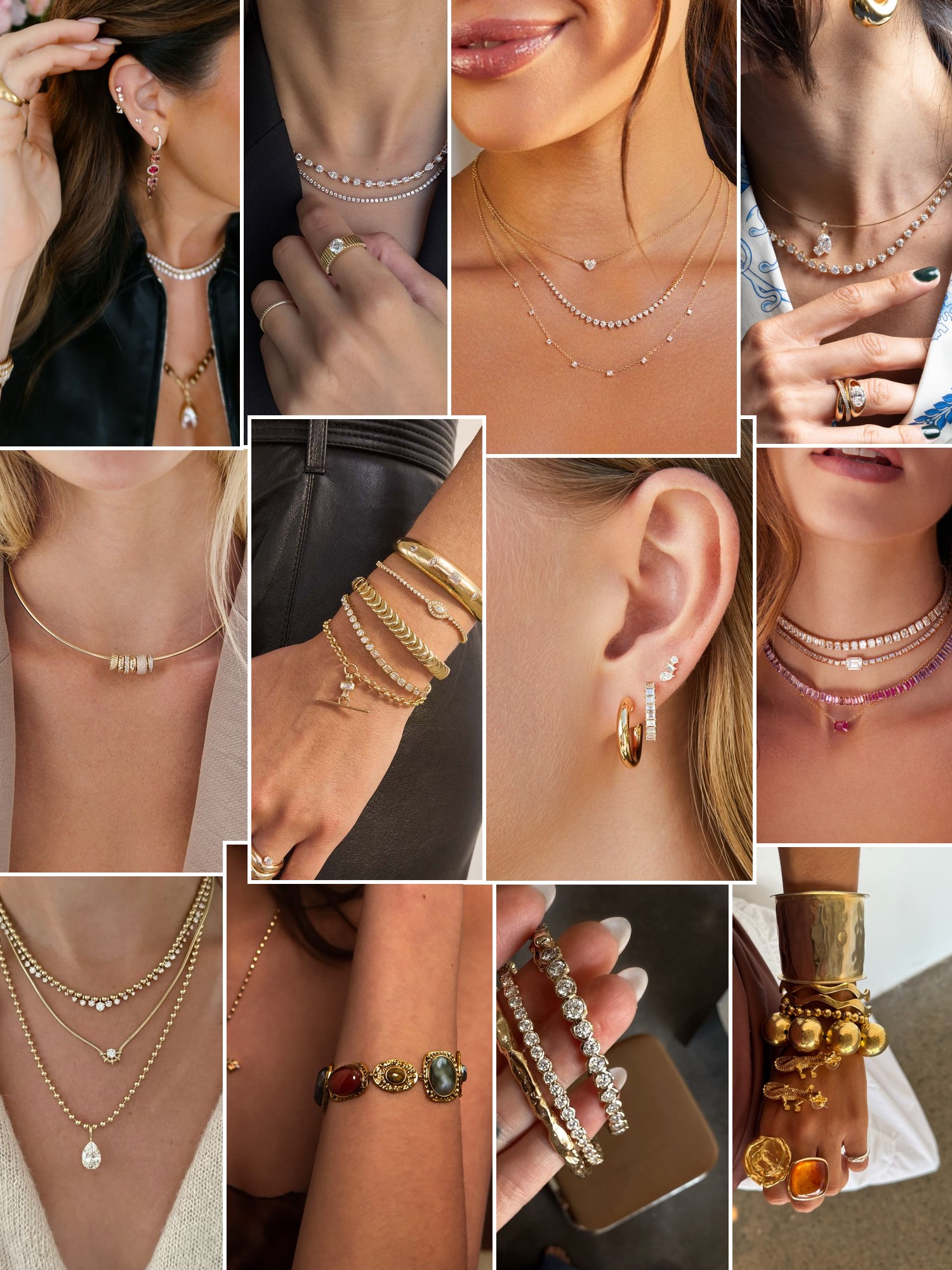 Collage of rings, earrings and layered necklaces worn up close, in the spirit of EF Collection