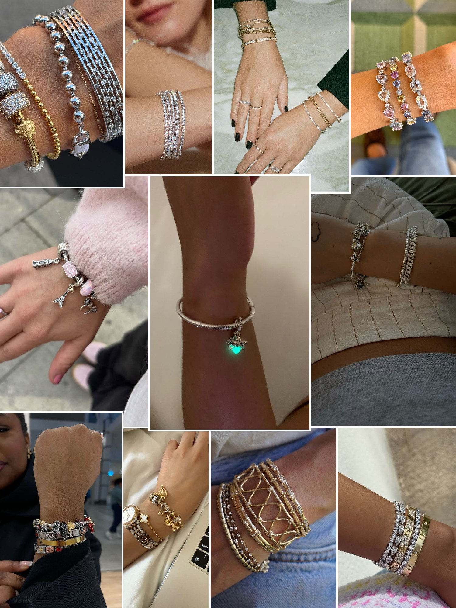 Collage of everyday outfits built around Pandora bracelets